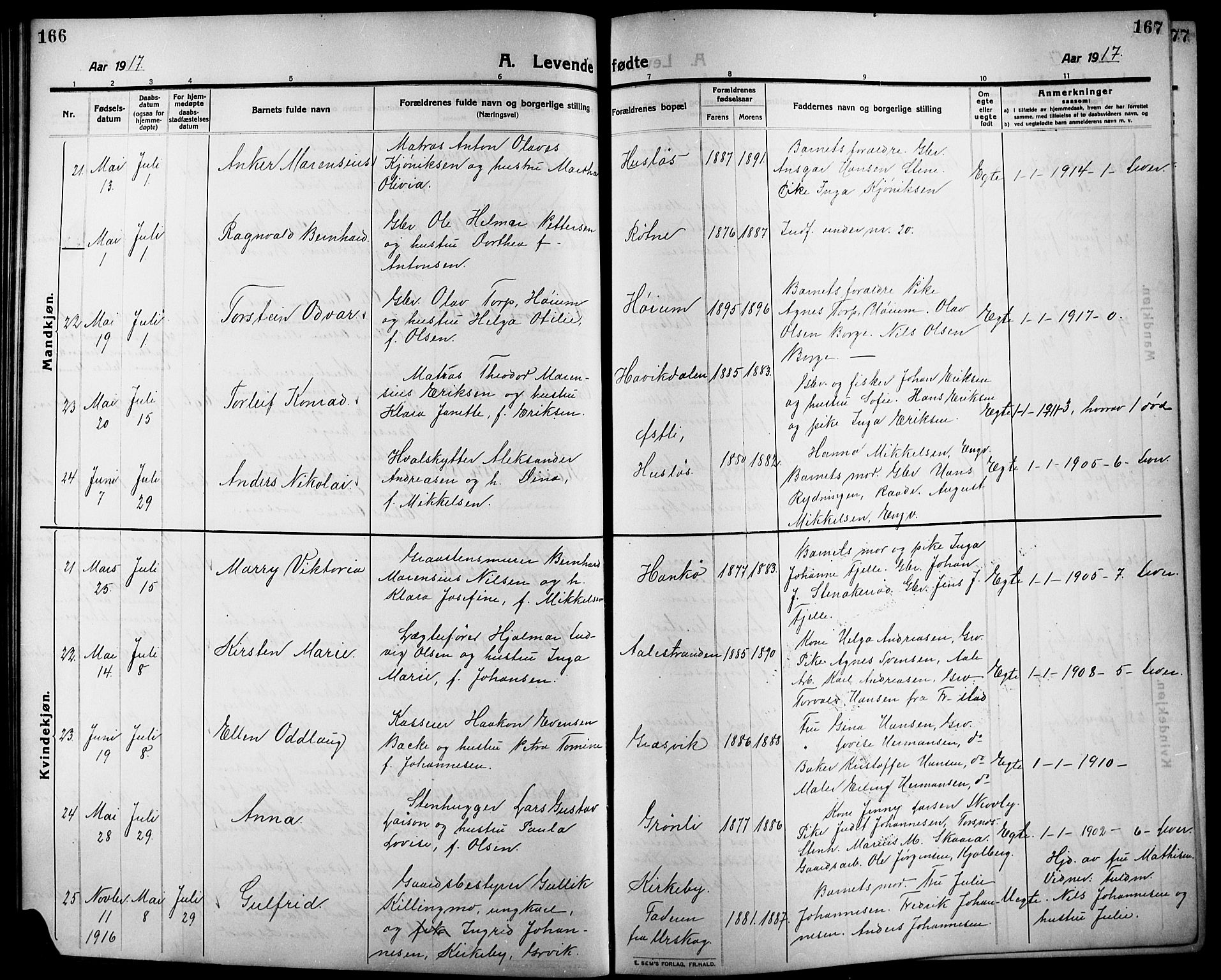 Onsøy prestekontor Kirkebøker, AV/SAO-A-10914/G/Ga/L0003: Parish register (copy) no. I 3, 1910-1926, p. 166-167