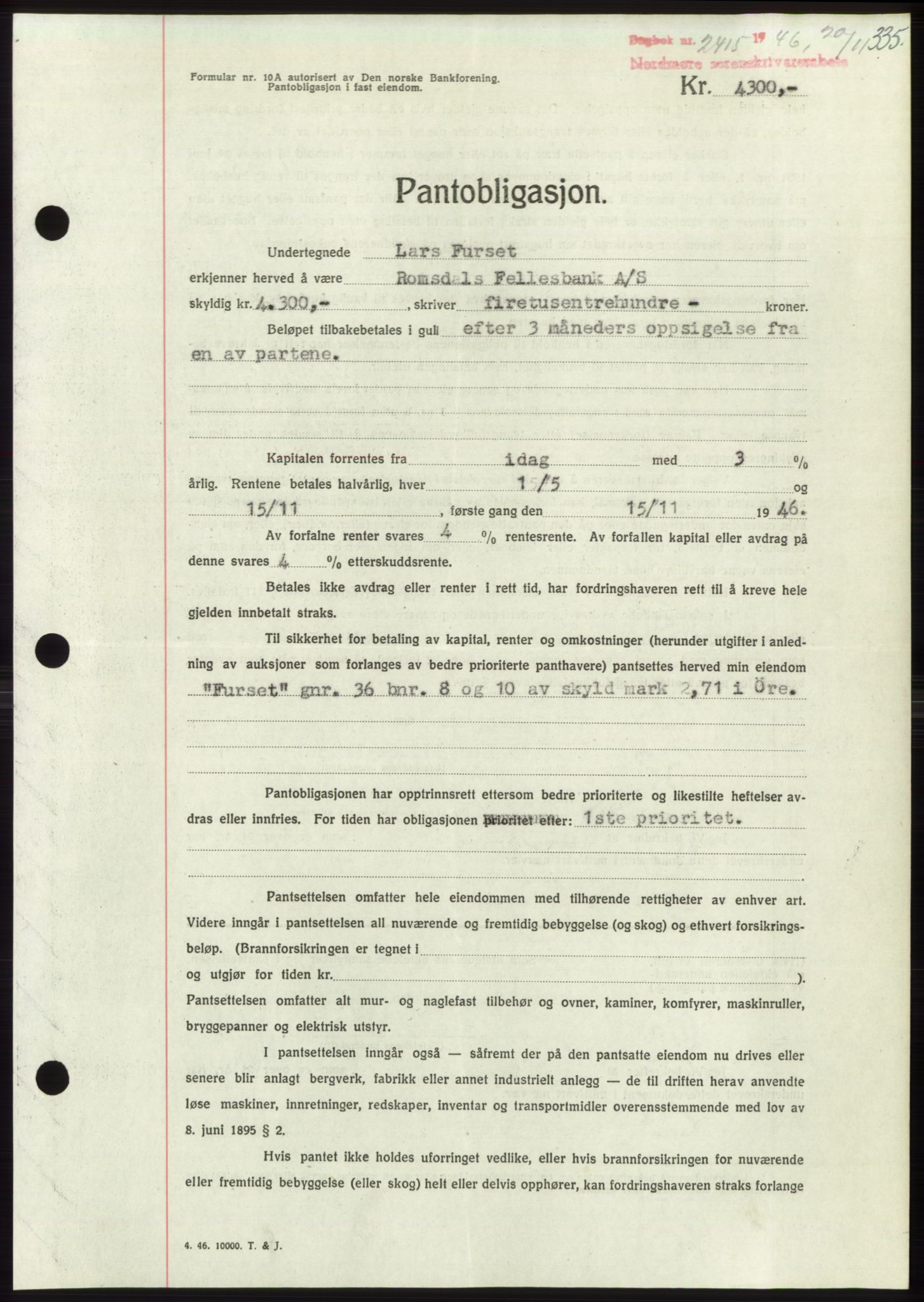 Nordmøre sorenskriveri, AV/SAT-A-4132/1/2/2Ca: Mortgage book no. B95, 1946-1947, Diary no: : 2415/1946