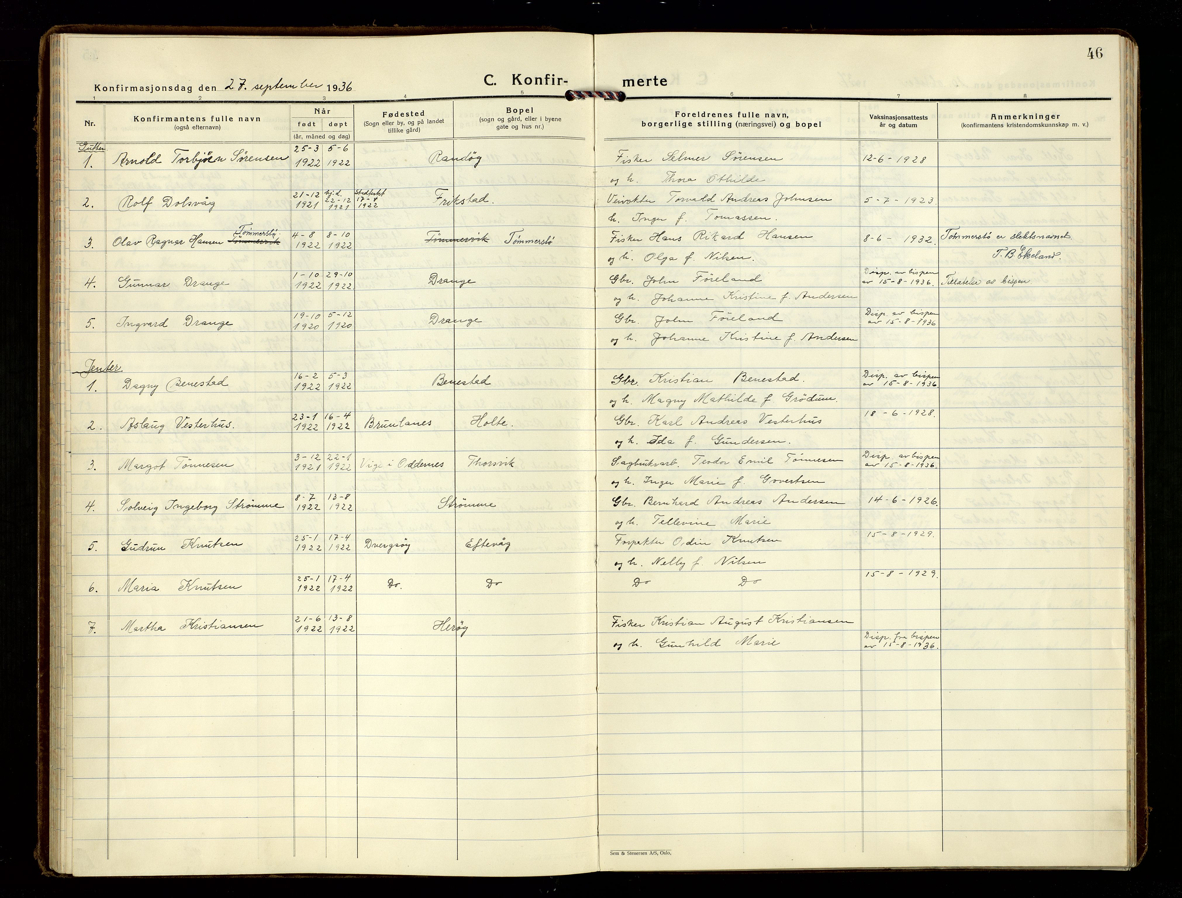Oddernes sokneprestkontor, AV/SAK-1111-0033/F/Fa/Fab/L0005: Parish register (official) no. A 5, 1935-1954, p. 46