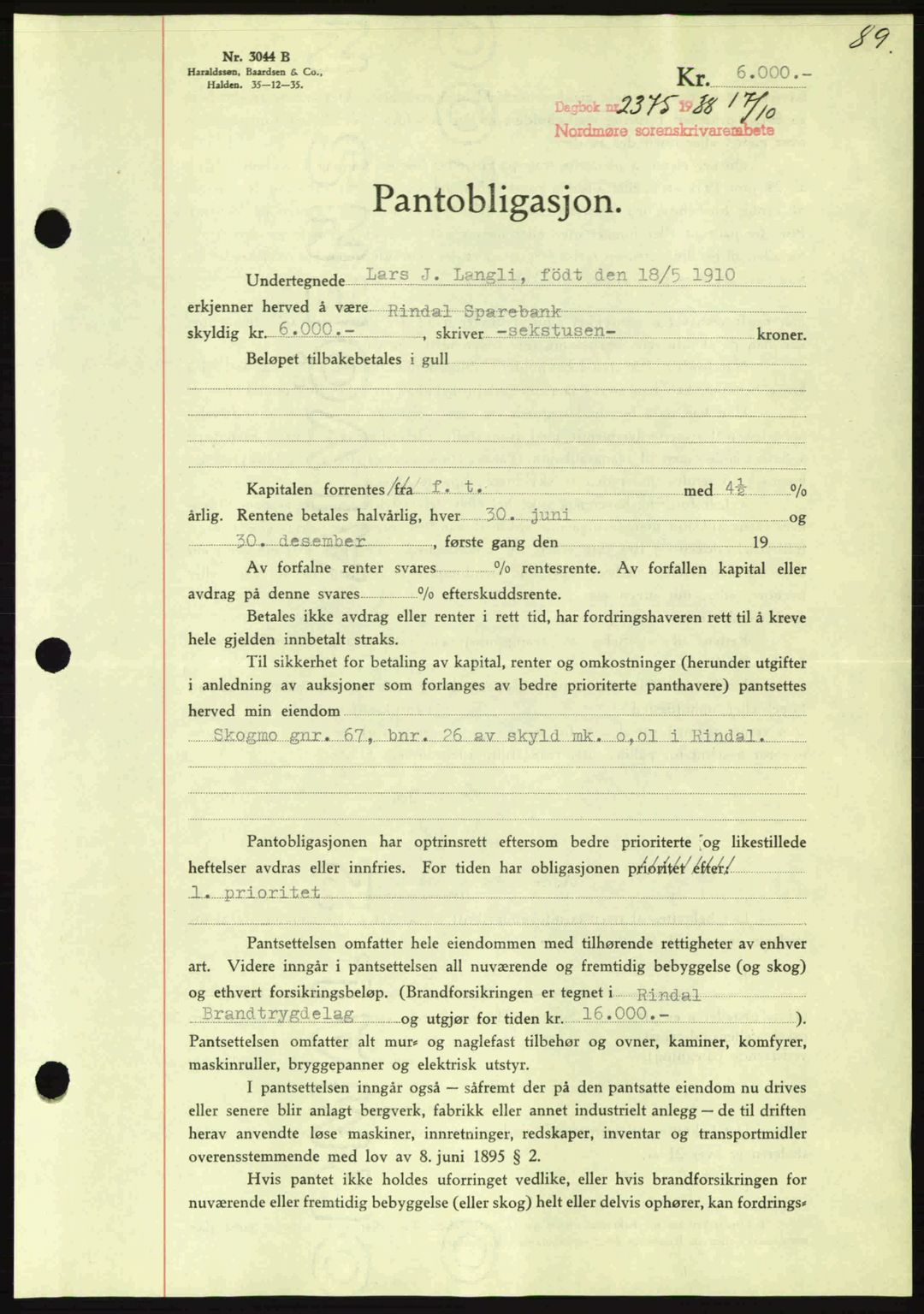 Nordmøre sorenskriveri, AV/SAT-A-4132/1/2/2Ca: Mortgage book no. B84, 1938-1939, Diary no: : 2375/1938