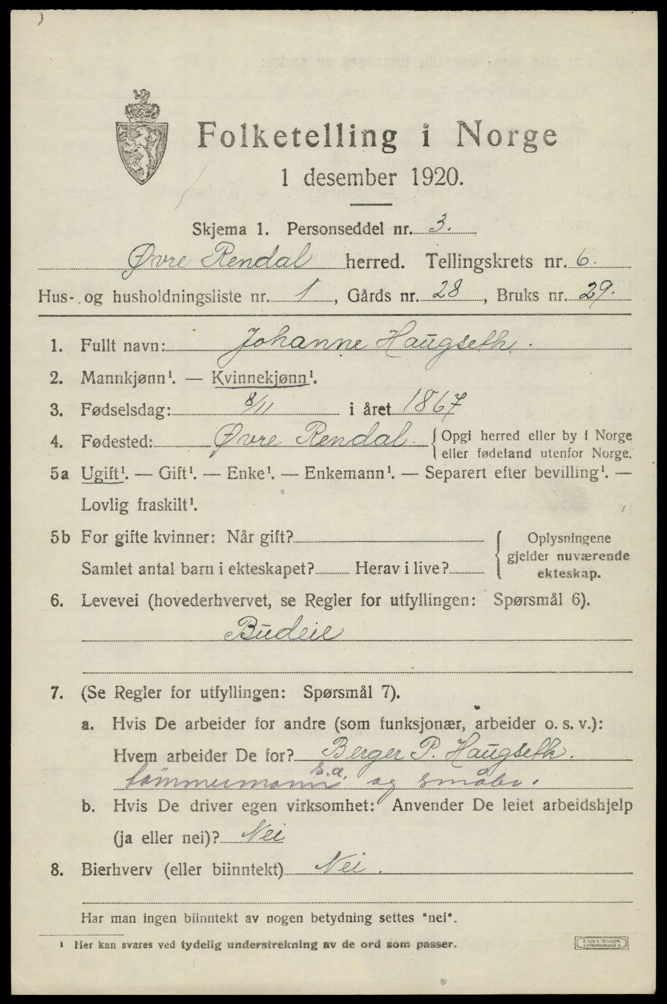 SAH, 1920 census for Øvre Rendal, 1920, p. 2151