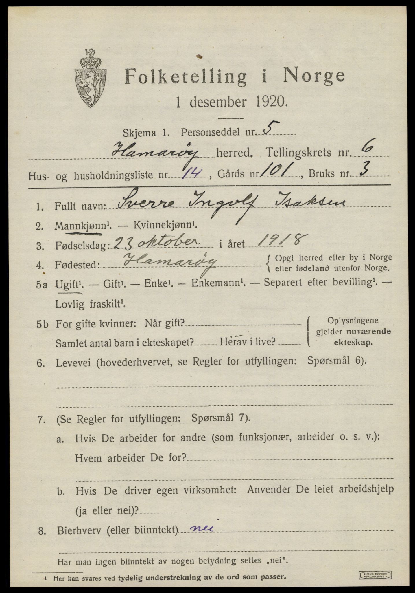 SAT, 1920 census for Hamarøy, 1920, p. 3116