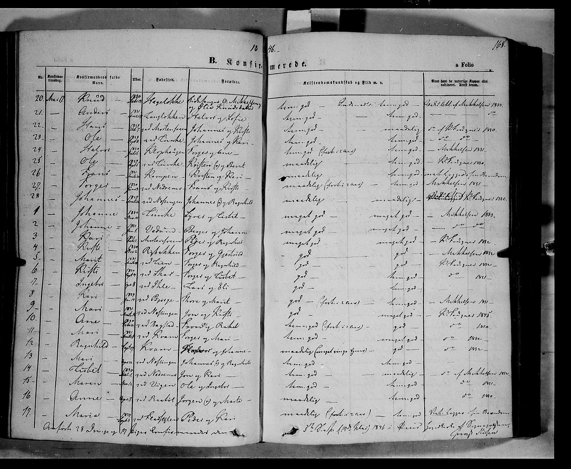 Øyer prestekontor, AV/SAH-PREST-084/H/Ha/Haa/L0005: Parish register (official) no. 5, 1842-1857, p. 168