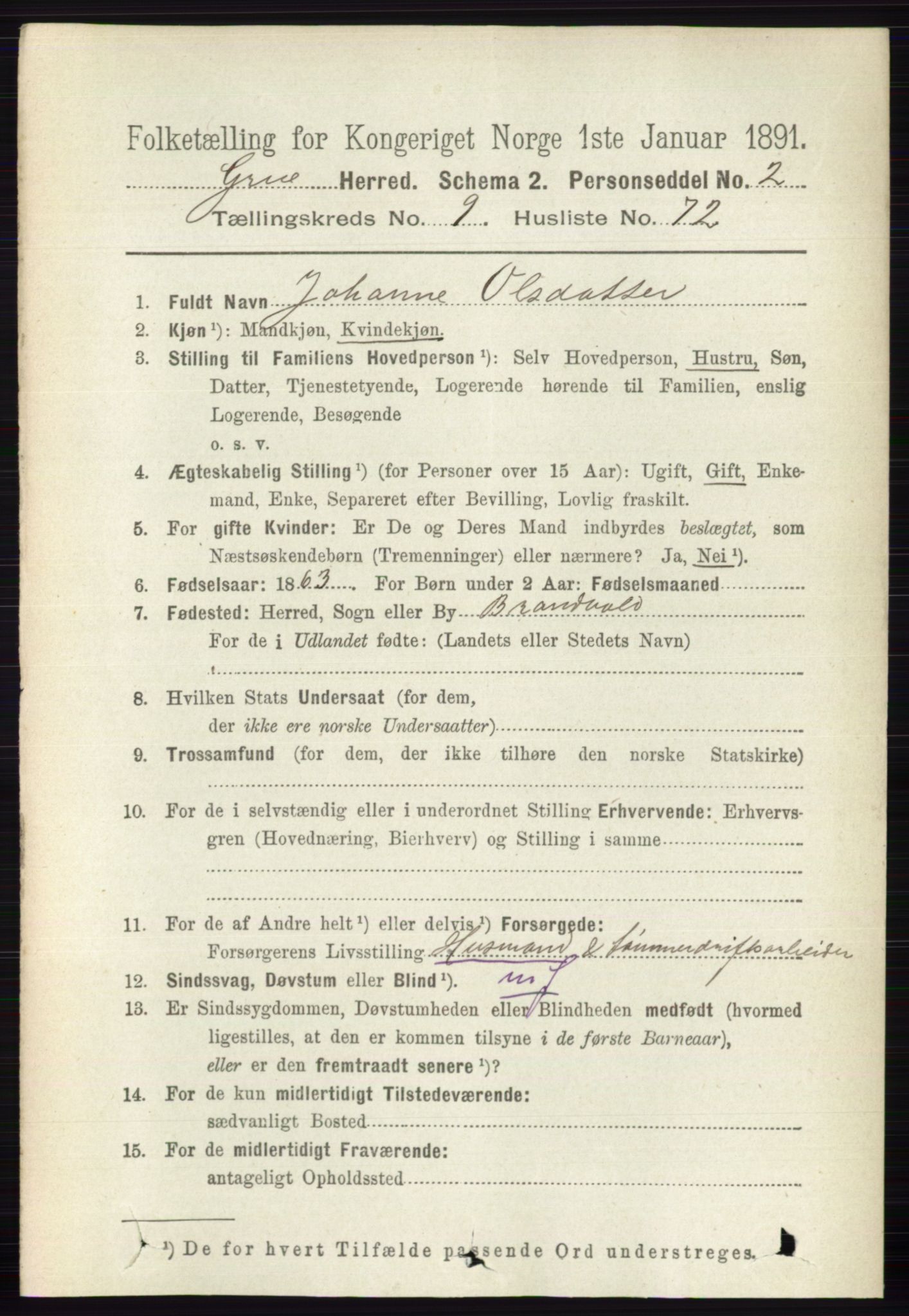 RA, 1891 census for 0423 Grue, 1891, p. 5288