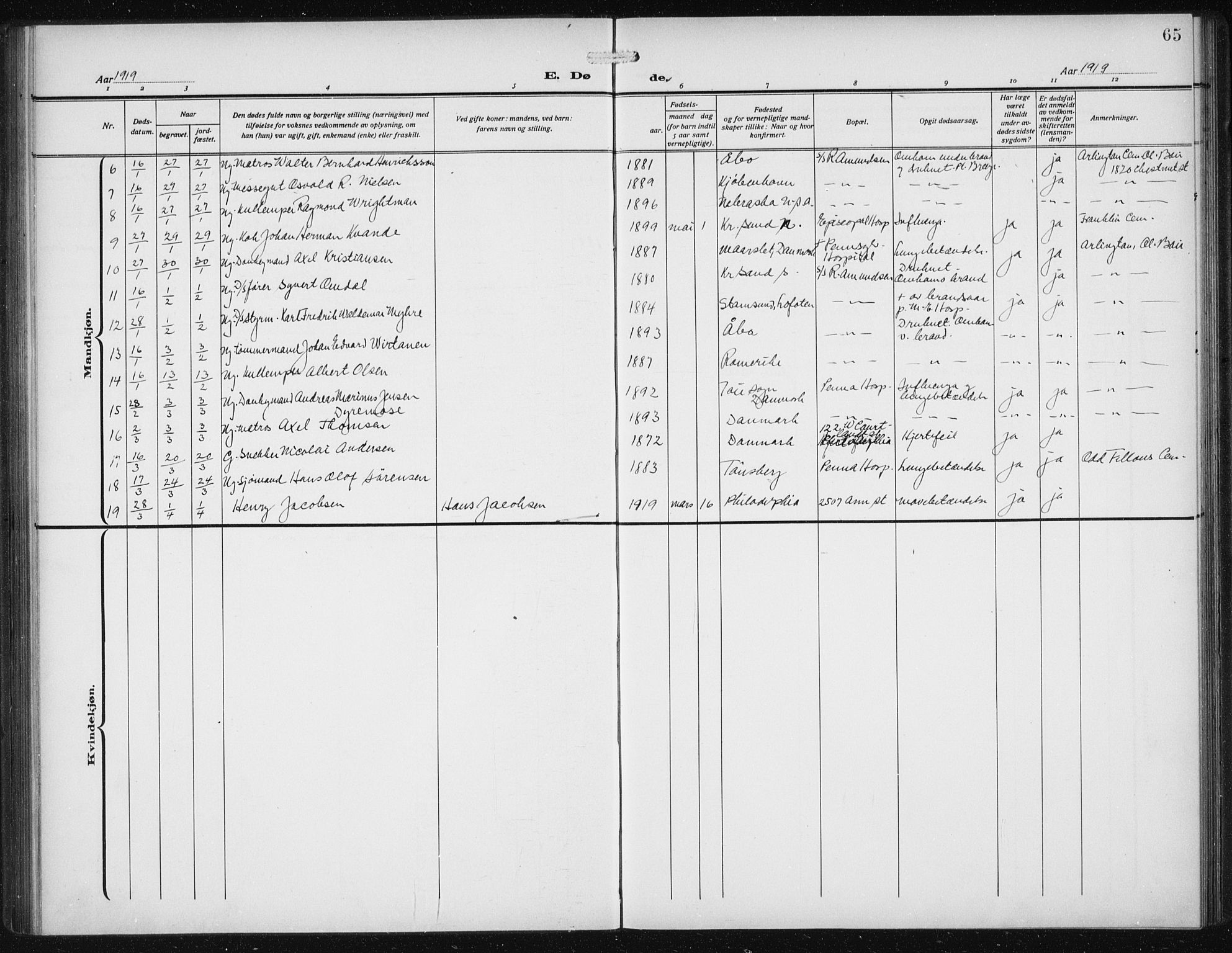Den norske sjømannsmisjon i utlandet/Philadelphia, SAB/SAB/PA-0113/H/Ha/L0001: Parish register (official) no. A 1, 1912-1931, p. 65