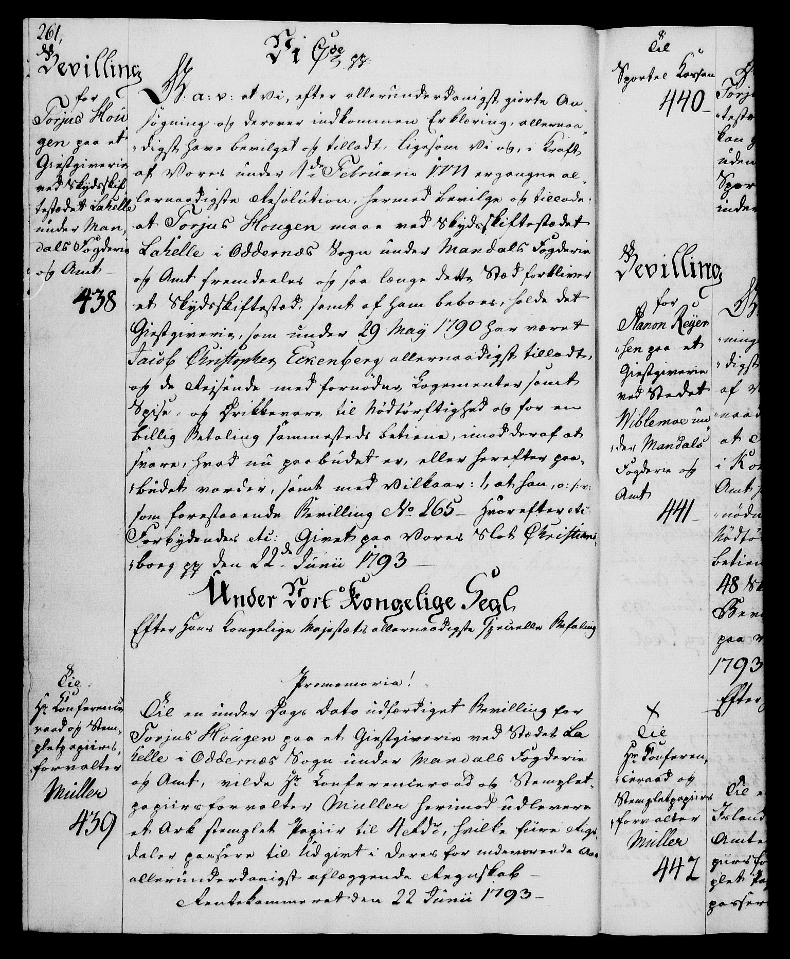 Rentekammeret, Kammerkanselliet, RA/EA-3111/G/Gg/Gga/L0015: Norsk ekspedisjonsprotokoll med register (merket RK 53.15), 1790-1791, p. 261