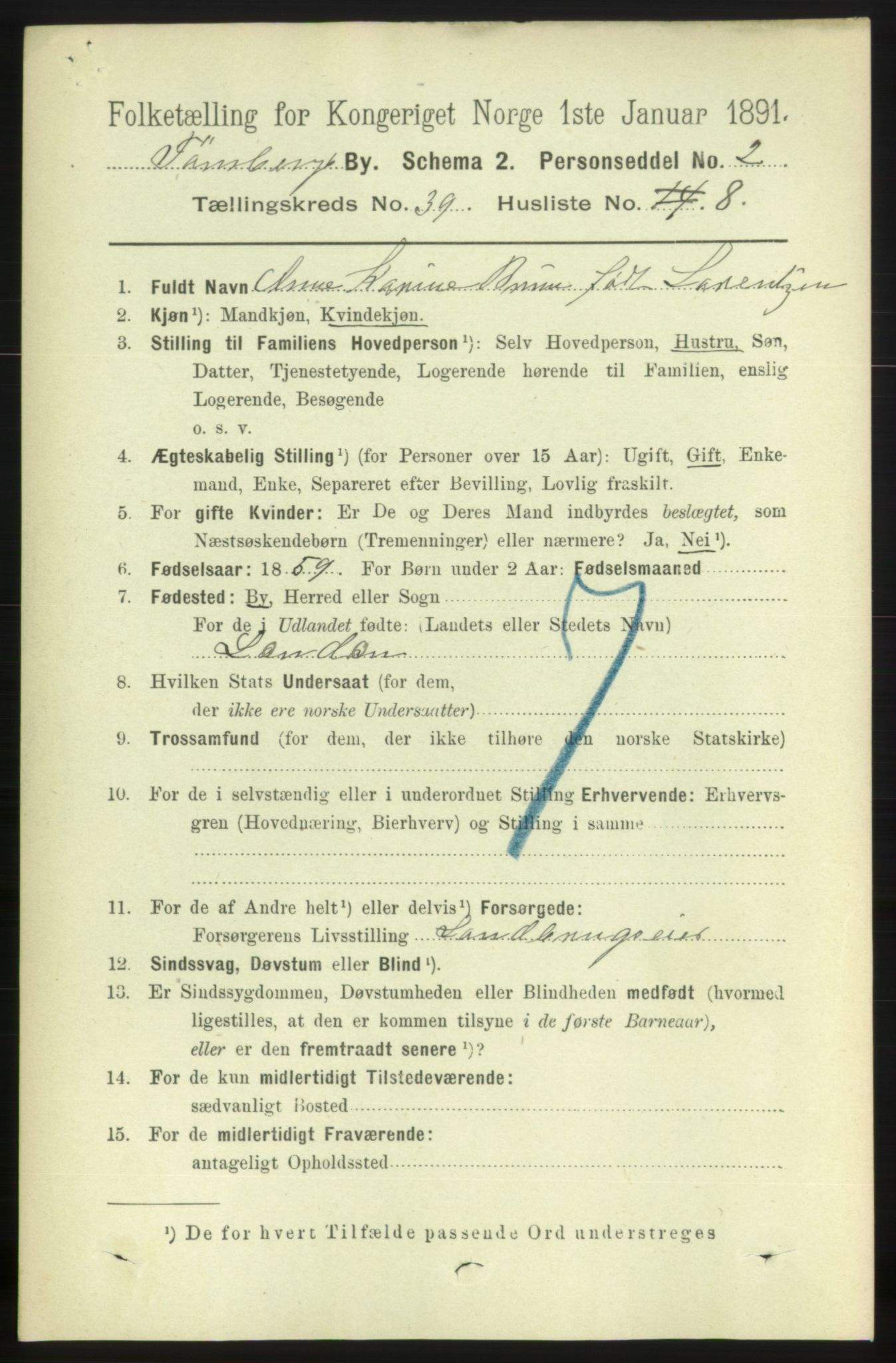 RA, 1891 census for 0705 Tønsberg, 1891, p. 8599