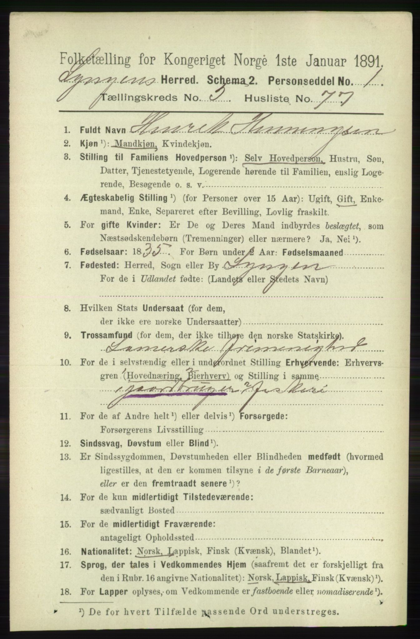 RA, 1891 census for 1938 Lyngen, 1891, p. 4908