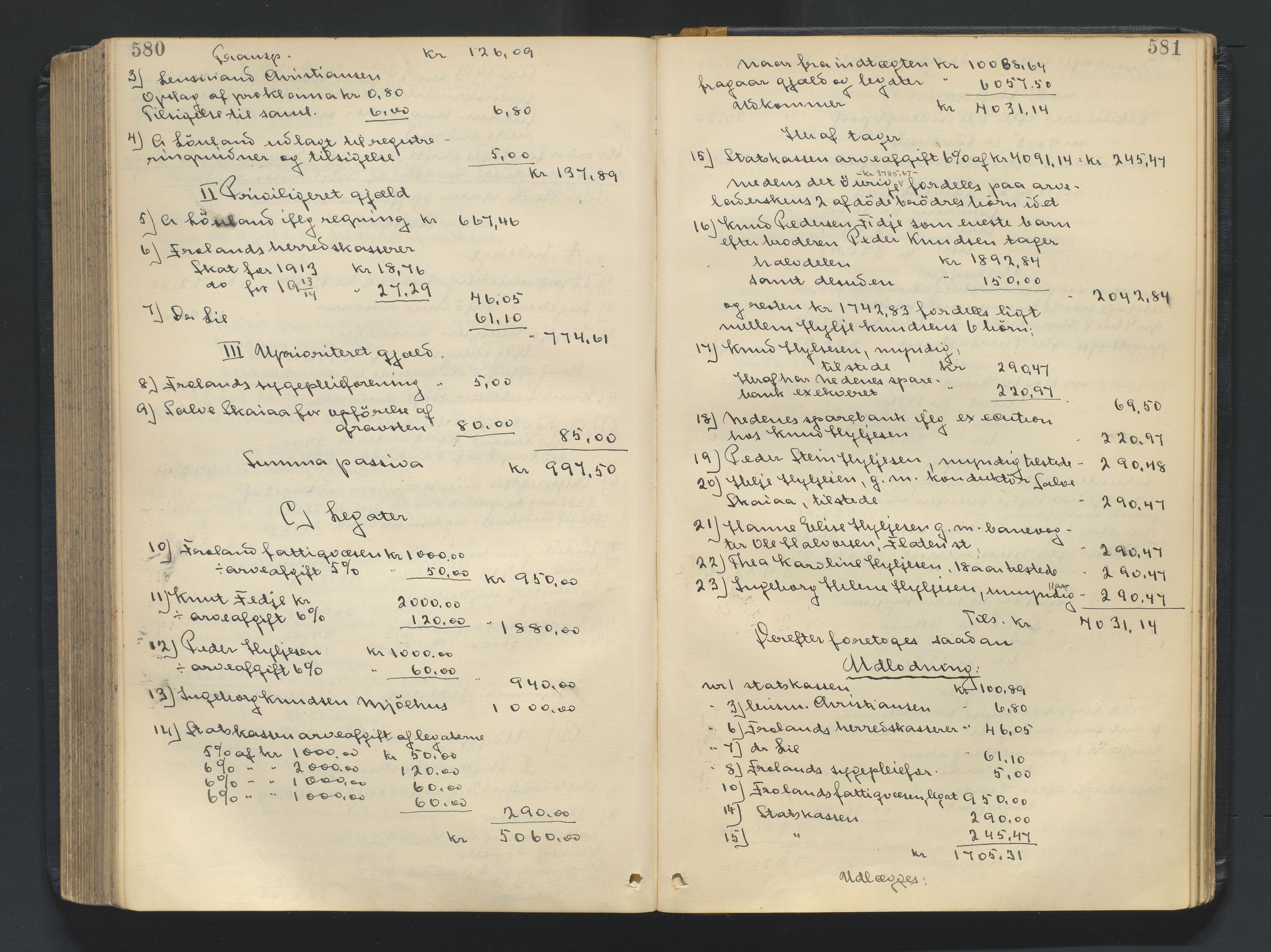 Nedenes sorenskriveri, AV/SAK-1221-0006/H/Hc/L0020: Skifteutlodningsprotokoll nr 6 med register, 1904-1913, p. 580-581
