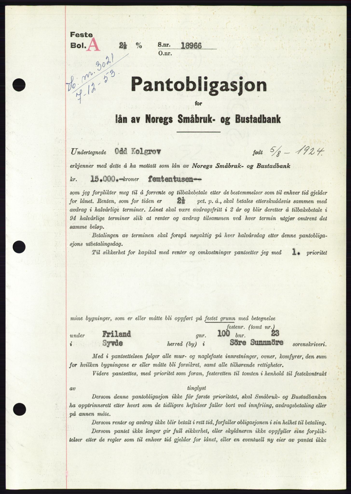 Søre Sunnmøre sorenskriveri, AV/SAT-A-4122/1/2/2C/L0124: Mortgage book no. 12B, 1953-1954, Diary no: : 3021/1953