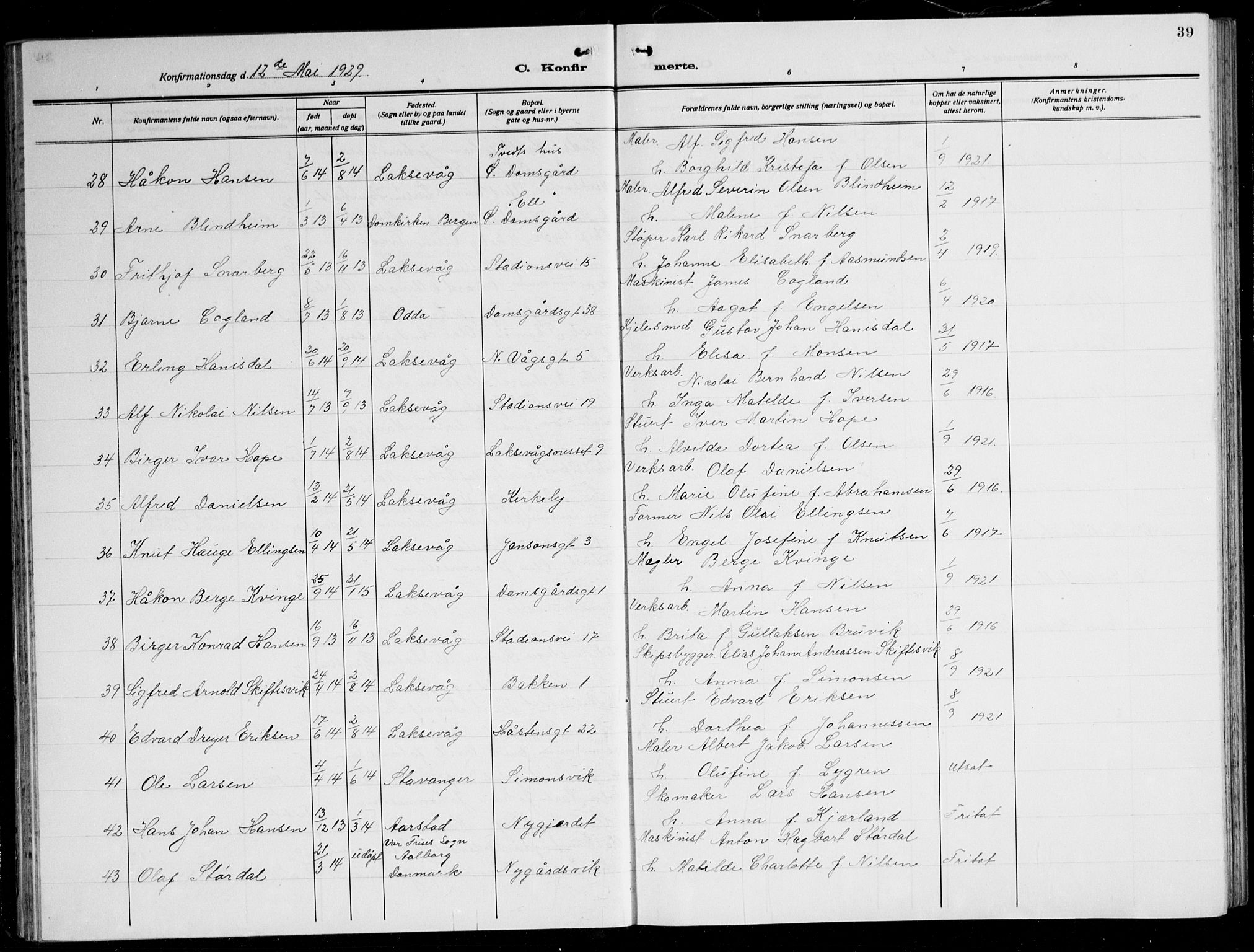 Laksevåg Sokneprestembete, SAB/A-76501/H/Ha/Hab/Haba: Parish register (copy) no. A 10, 1925-1942, p. 39