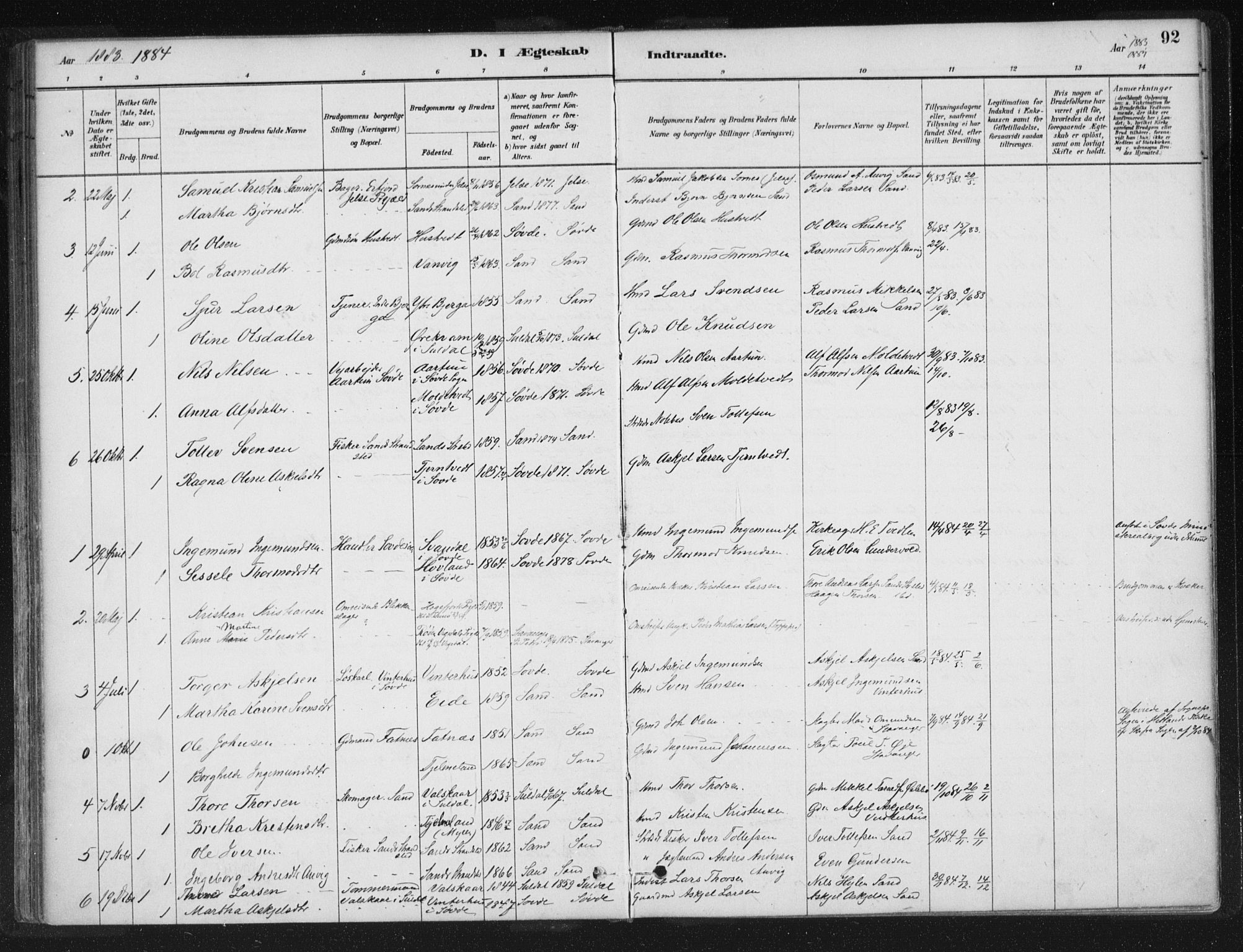 Sand sokneprestkontor, AV/SAST-A-101848/01/III/L0005: Parish register (official) no. A 5, 1880-1898, p. 92