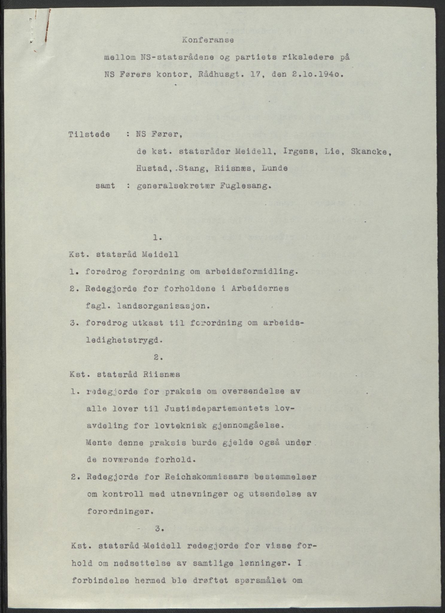 NS-administrasjonen 1940-1945 (Statsrådsekretariatet, de kommisariske statsråder mm), AV/RA-S-4279/D/Db/L0074: De kommisariske statsråder, 1940-1942