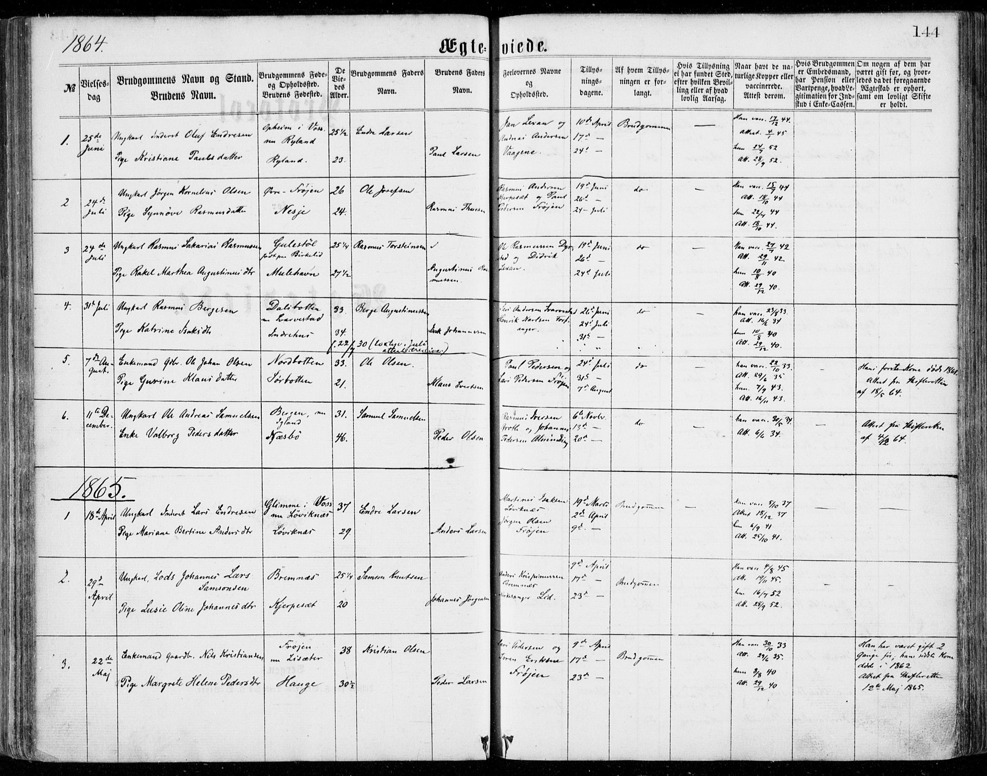 Bremanger sokneprestembete, SAB/A-82201/H/Haa/Haaa/L0001: Parish register (official) no. A  1, 1864-1883, p. 144