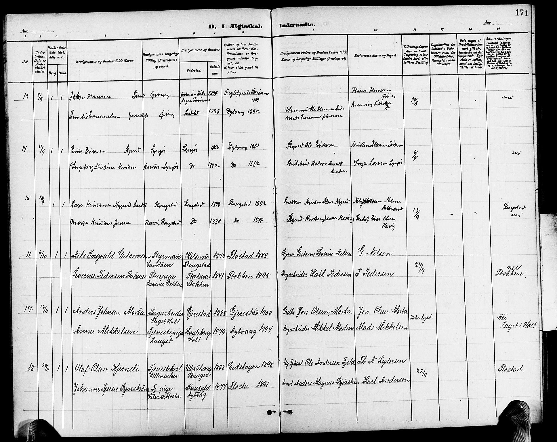 Dypvåg sokneprestkontor, SAK/1111-0007/F/Fb/Fba/L0014: Parish register (copy) no. B 14, 1901-1922, p. 171