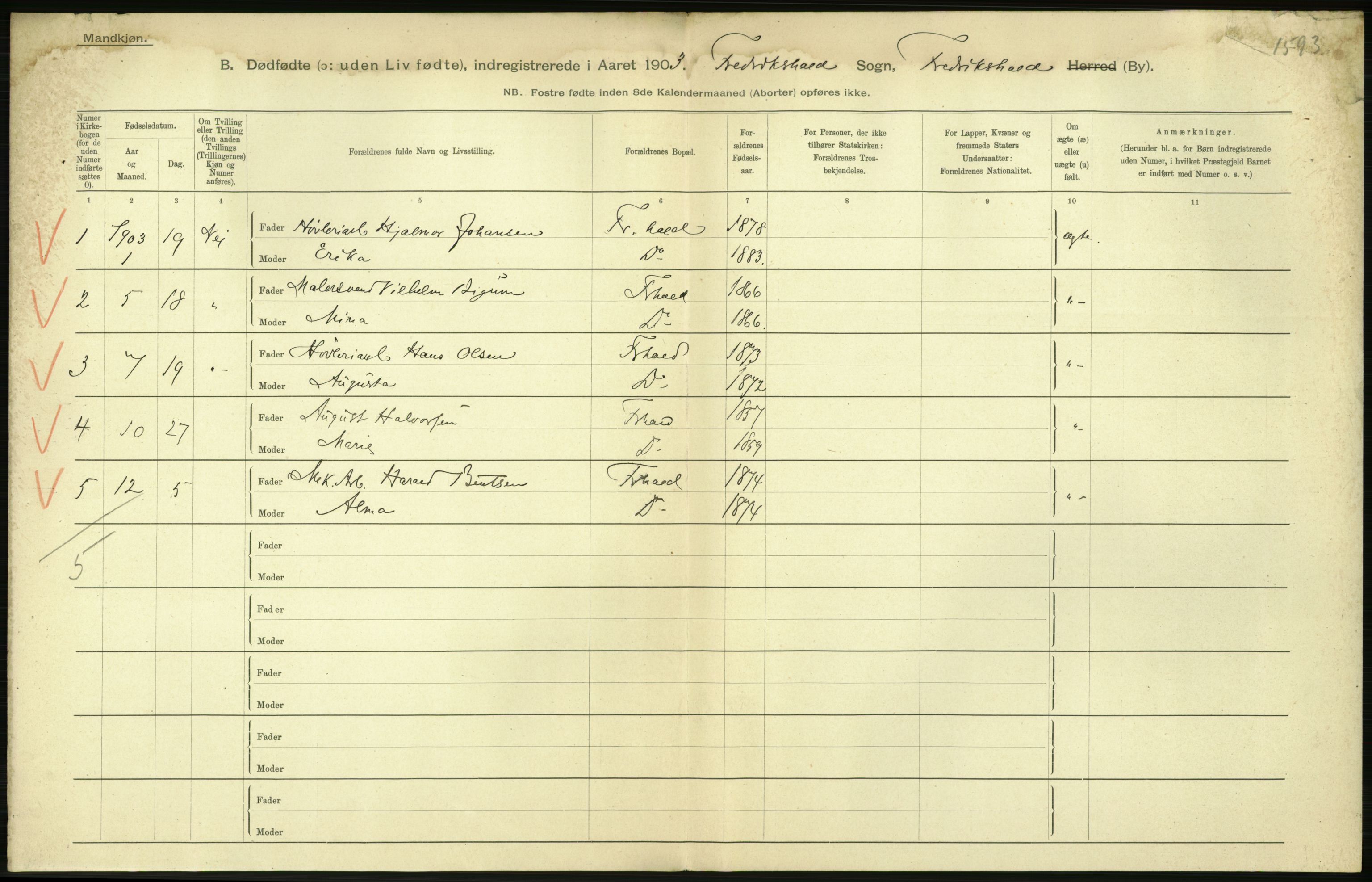 Statistisk sentralbyrå, Sosiodemografiske emner, Befolkning, AV/RA-S-2228/D/Df/Dfa/Dfaa/L0026: Smålenenes - Finnmarkens amt: Dødfødte. Byer., 1903, p. 108