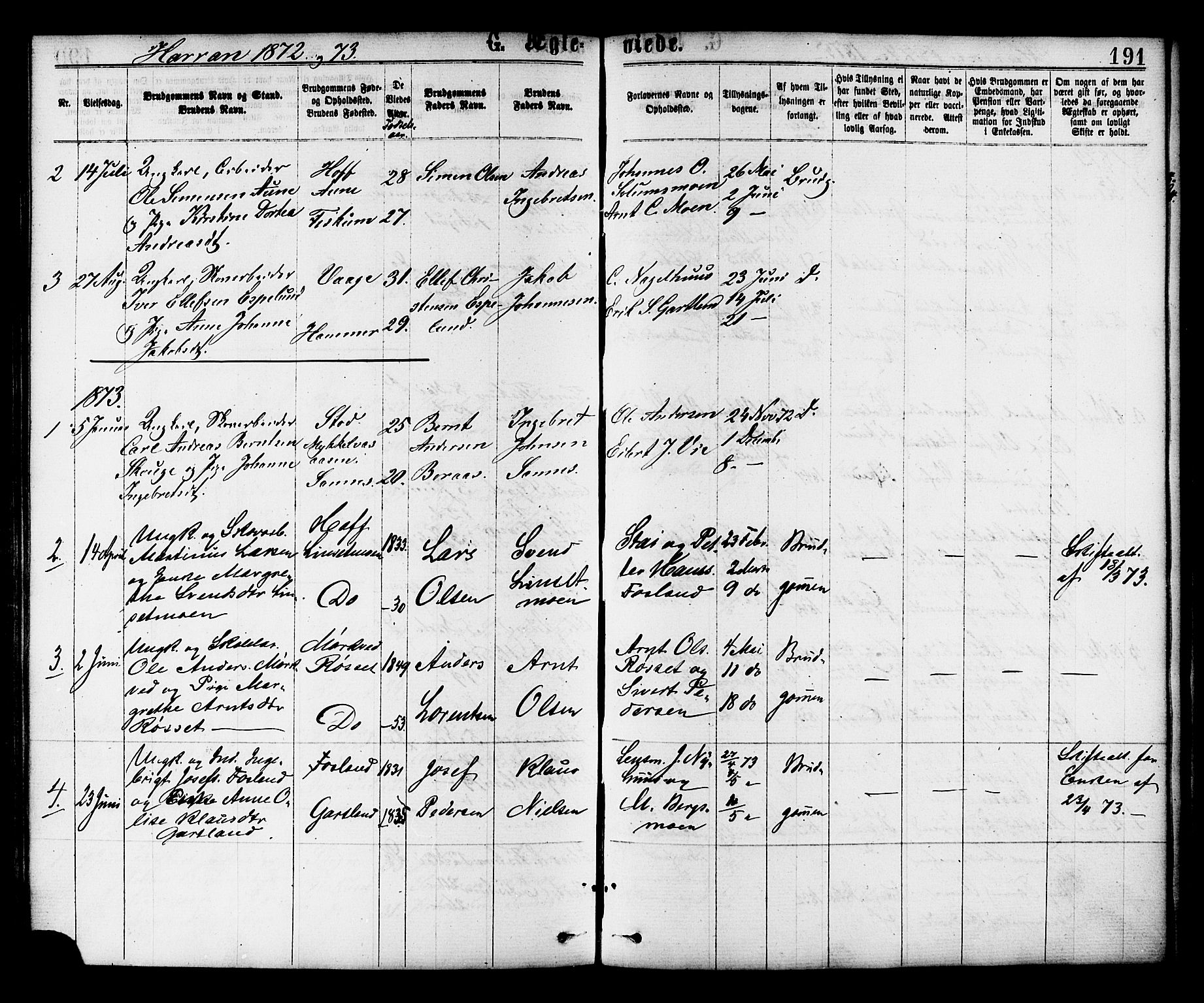 Ministerialprotokoller, klokkerbøker og fødselsregistre - Nord-Trøndelag, SAT/A-1458/758/L0516: Parish register (official) no. 758A03 /3, 1869-1879, p. 191