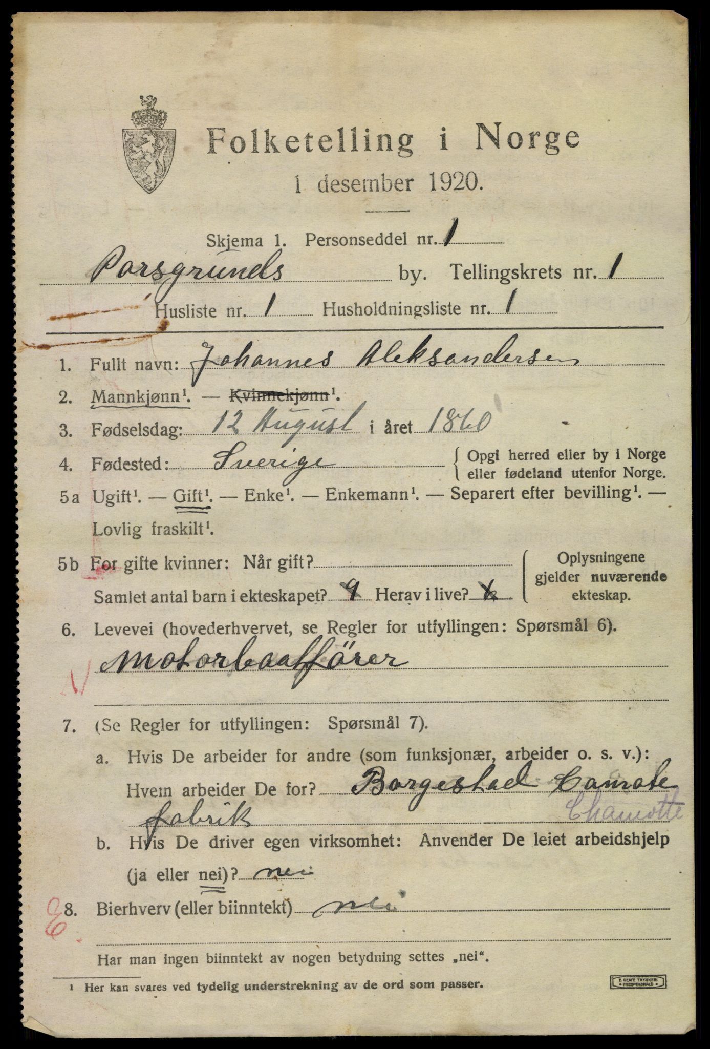 SAKO, 1920 census for Porsgrunn, 1920, p. 7105