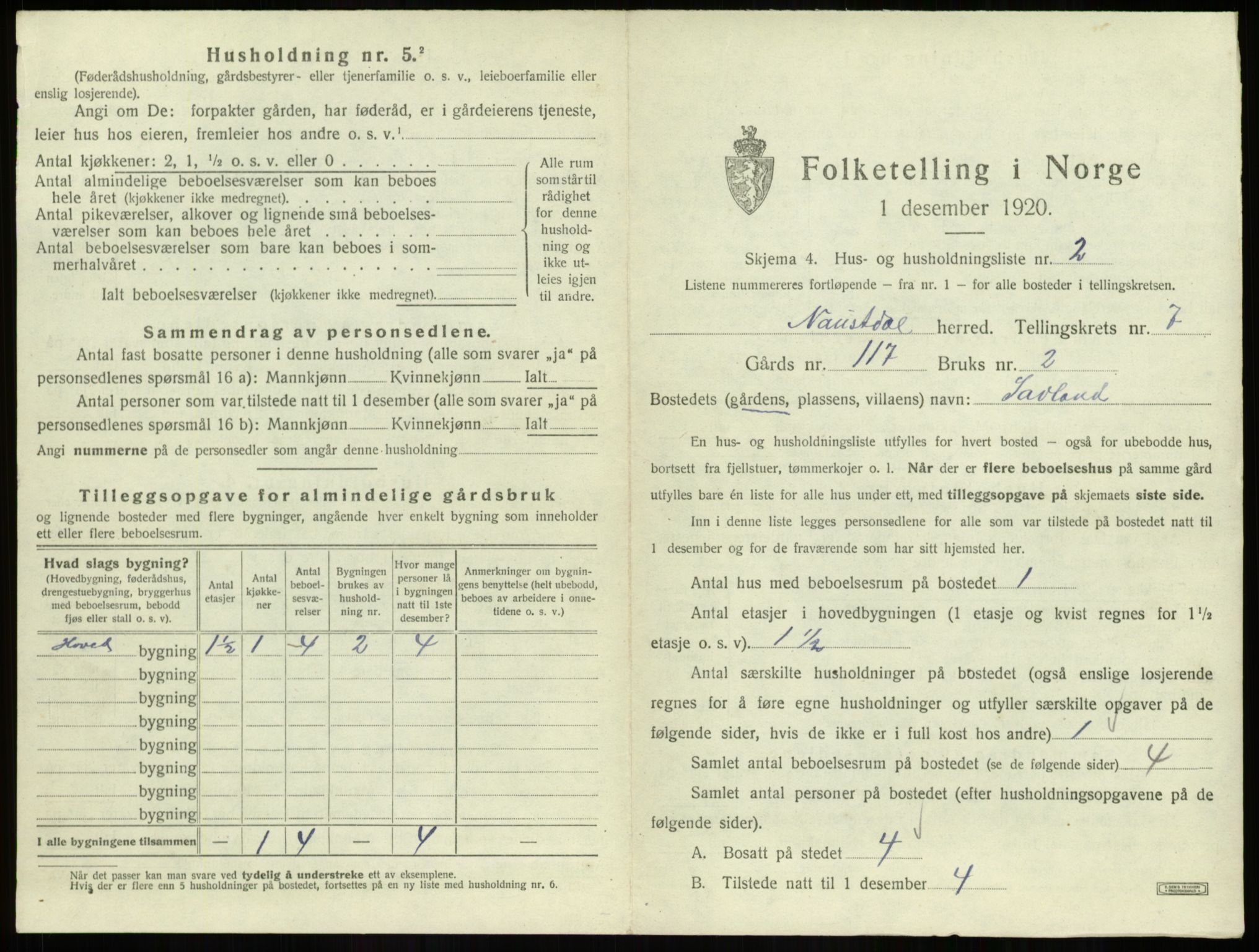 SAB, 1920 census for Naustdal, 1920, p. 593