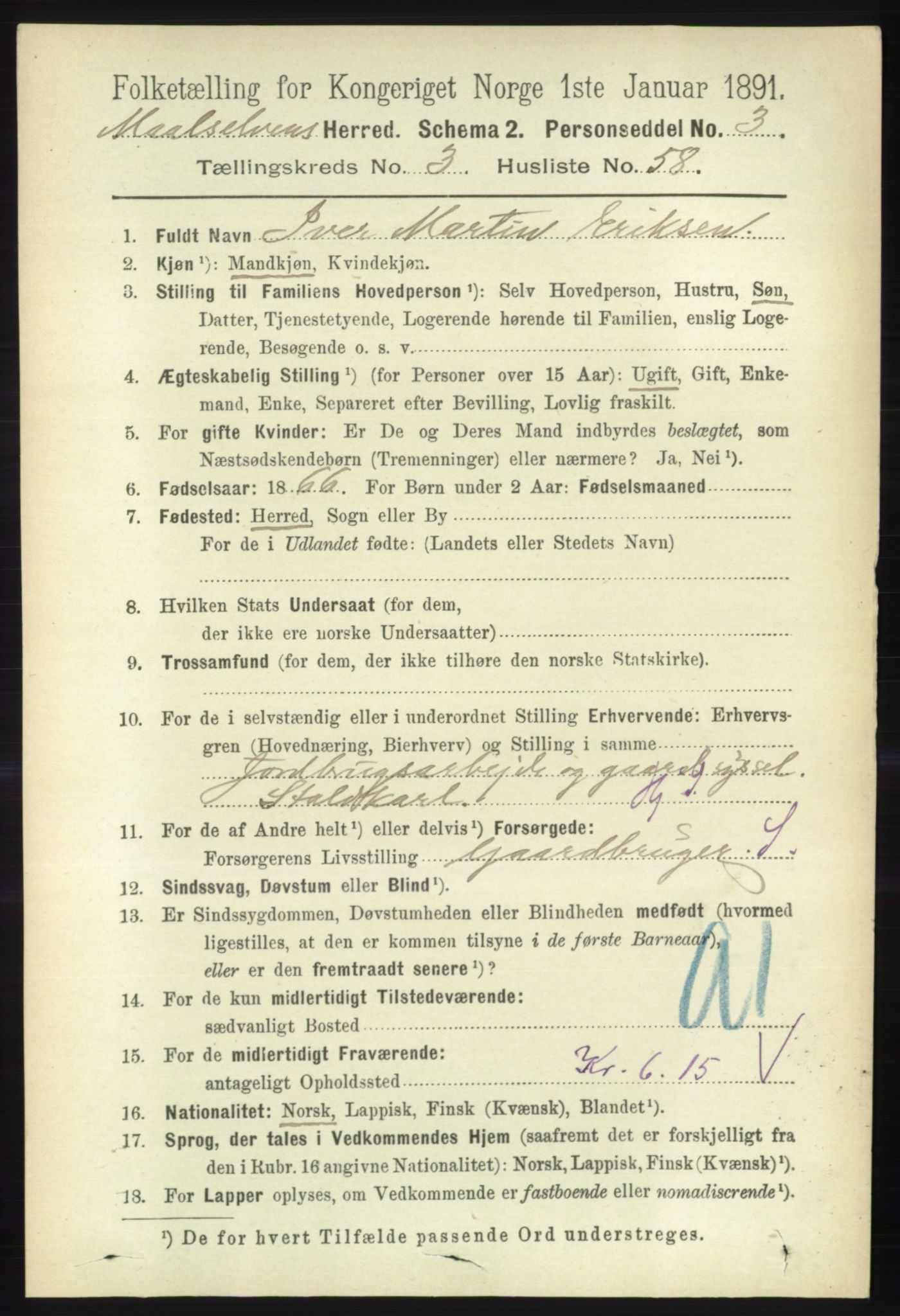 RA, 1891 census for 1924 Målselv, 1891, p. 995