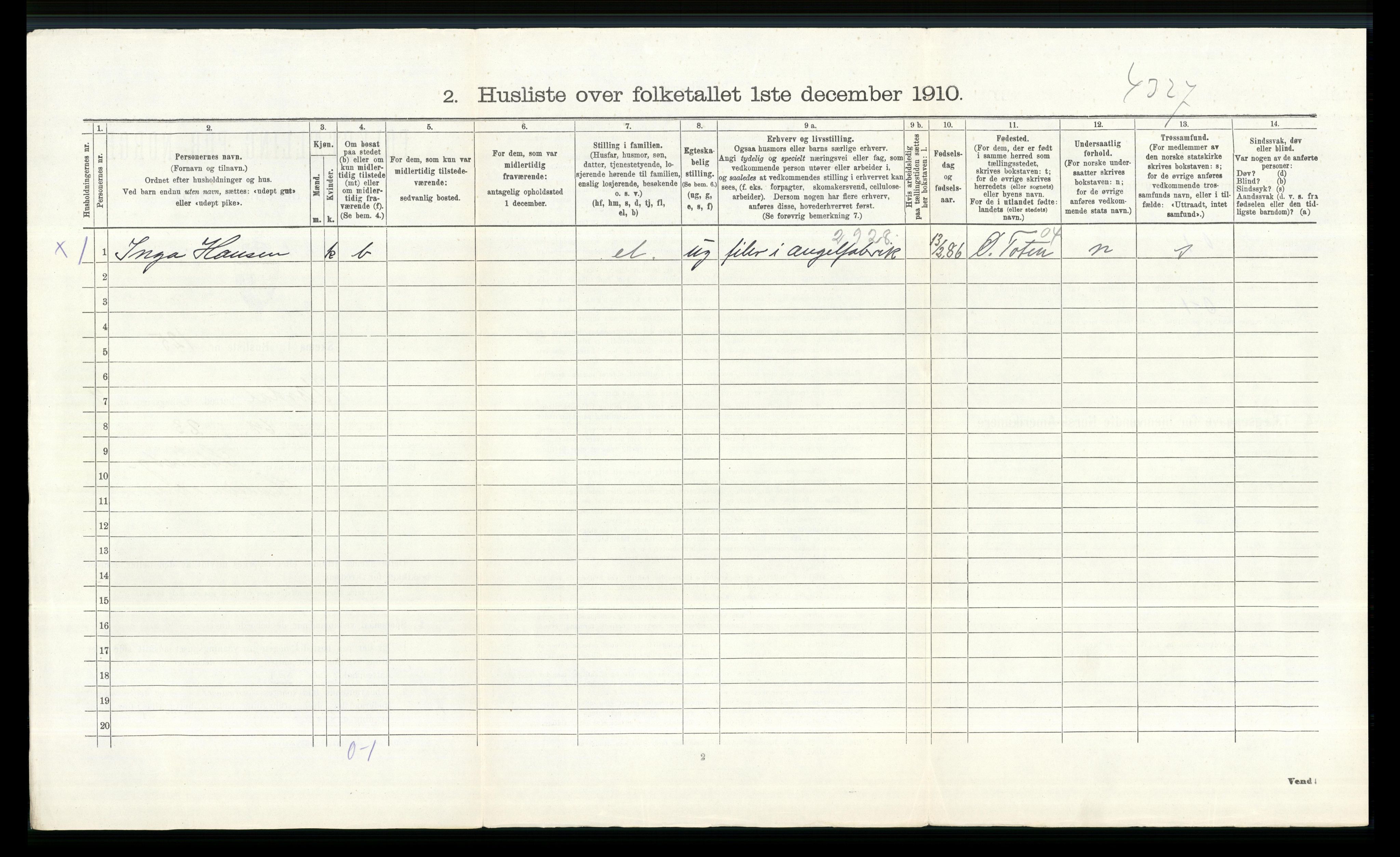 RA, 1910 census for Vardal, 1910, p. 1405