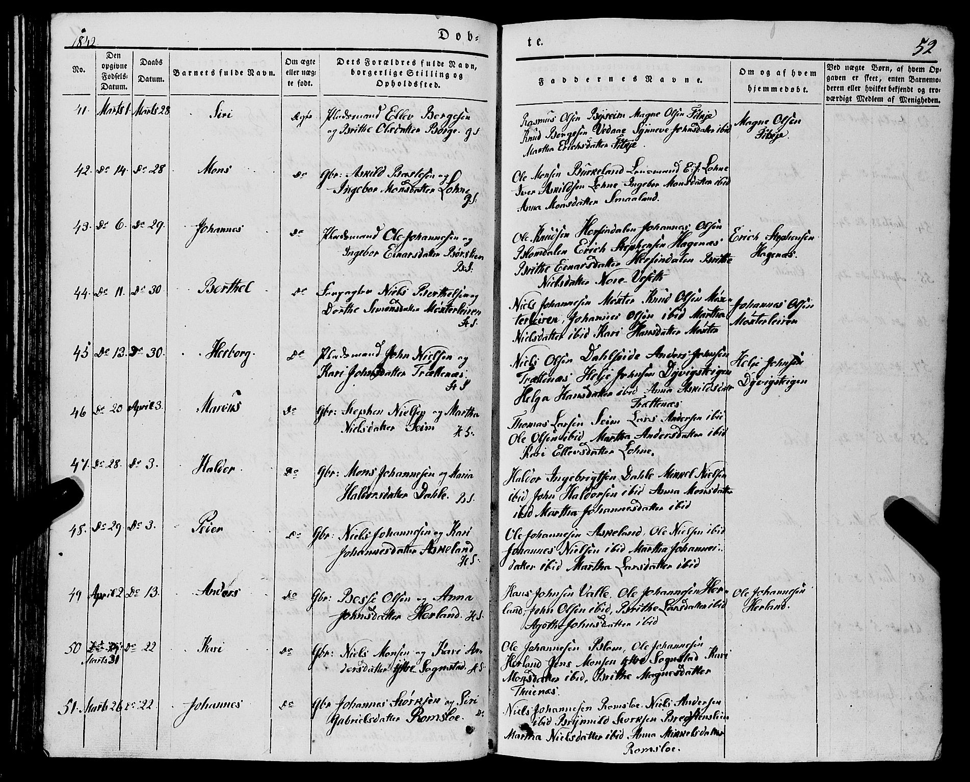Haus sokneprestembete, AV/SAB-A-75601/H/Haa: Parish register (official) no. A 15, 1838-1847, p. 52