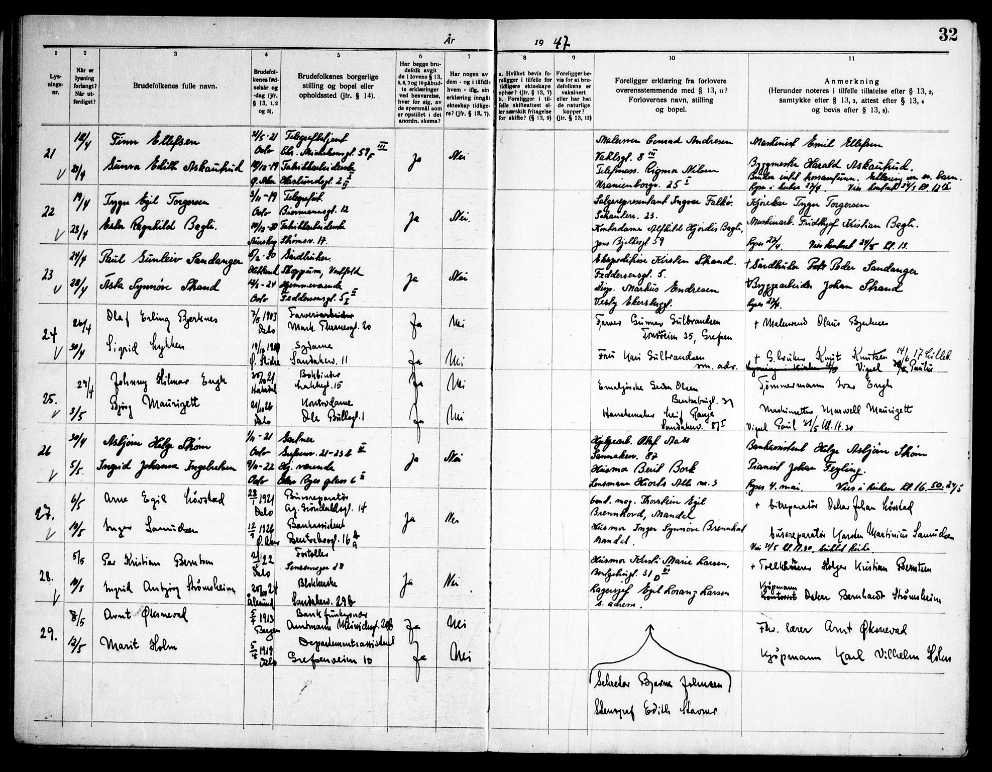 Lilleborg prestekontor Kirkebøker, AV/SAO-A-10343a/H/L0003: Banns register no. 3, 1940-1960, p. 32