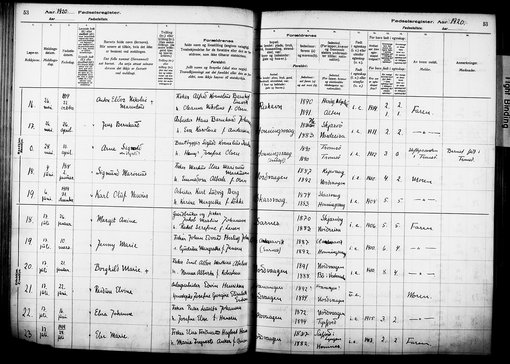 Kjelvik/Nordkapp sokneprestkontor, AV/SATØ-S-1350/I/Ia/L0015: Birth register no. 15, 1916-1930, p. 53