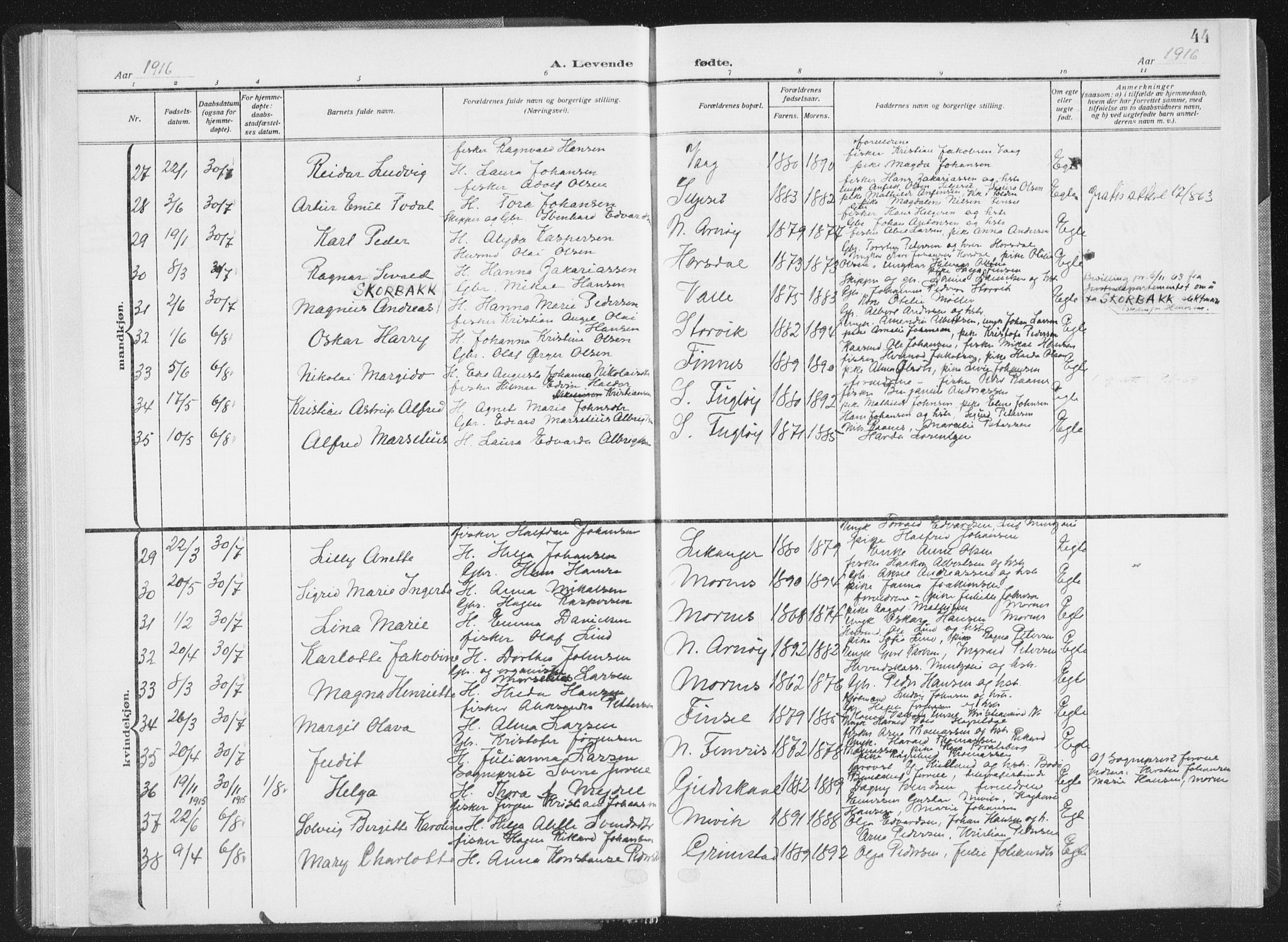 Ministerialprotokoller, klokkerbøker og fødselsregistre - Nordland, SAT/A-1459/805/L0104: Parish register (official) no. 805A09, 1909-1926, p. 44