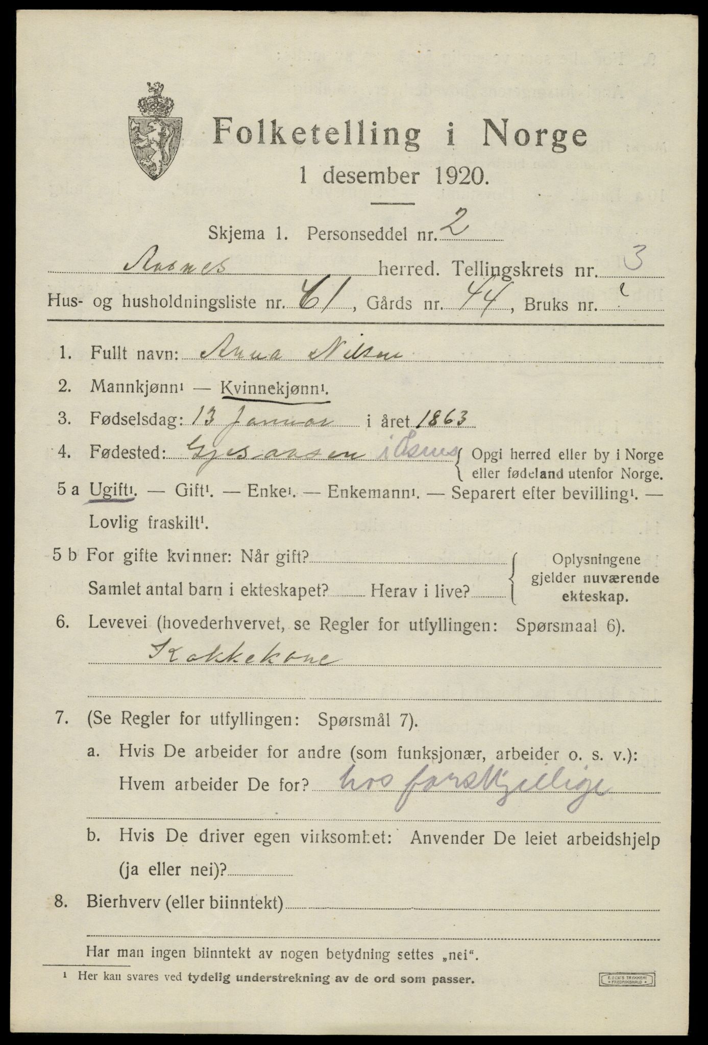 SAH, 1920 census for Åsnes, 1920, p. 9126