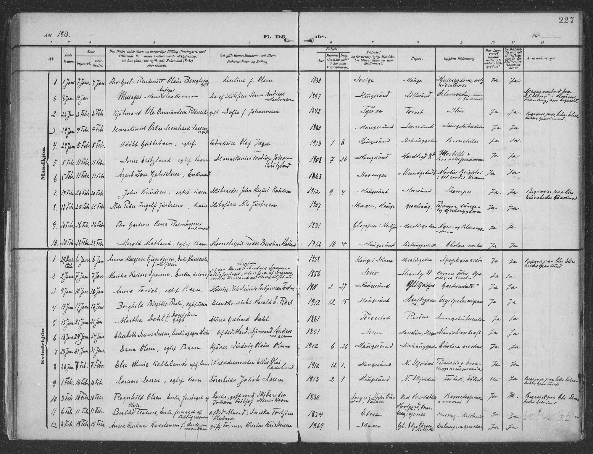 Haugesund sokneprestkontor, AV/SAST-A -101863/H/Ha/Haa/L0007: Parish register (official) no. A 7, 1904-1916, p. 227