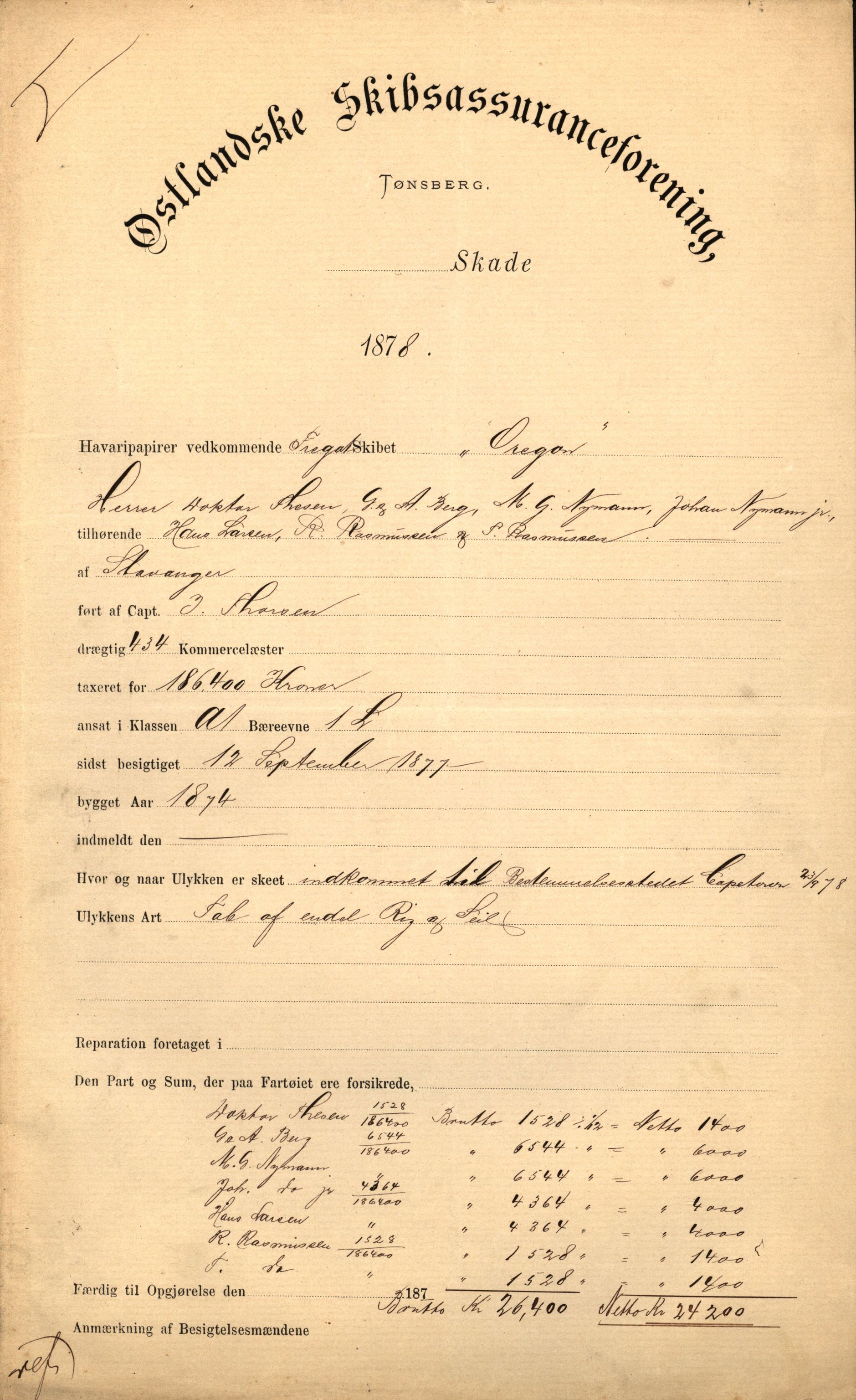 Pa 63 - Østlandske skibsassuranceforening, VEMU/A-1079/G/Ga/L0010/0011: Havaridokumenter / Oregon, 1878