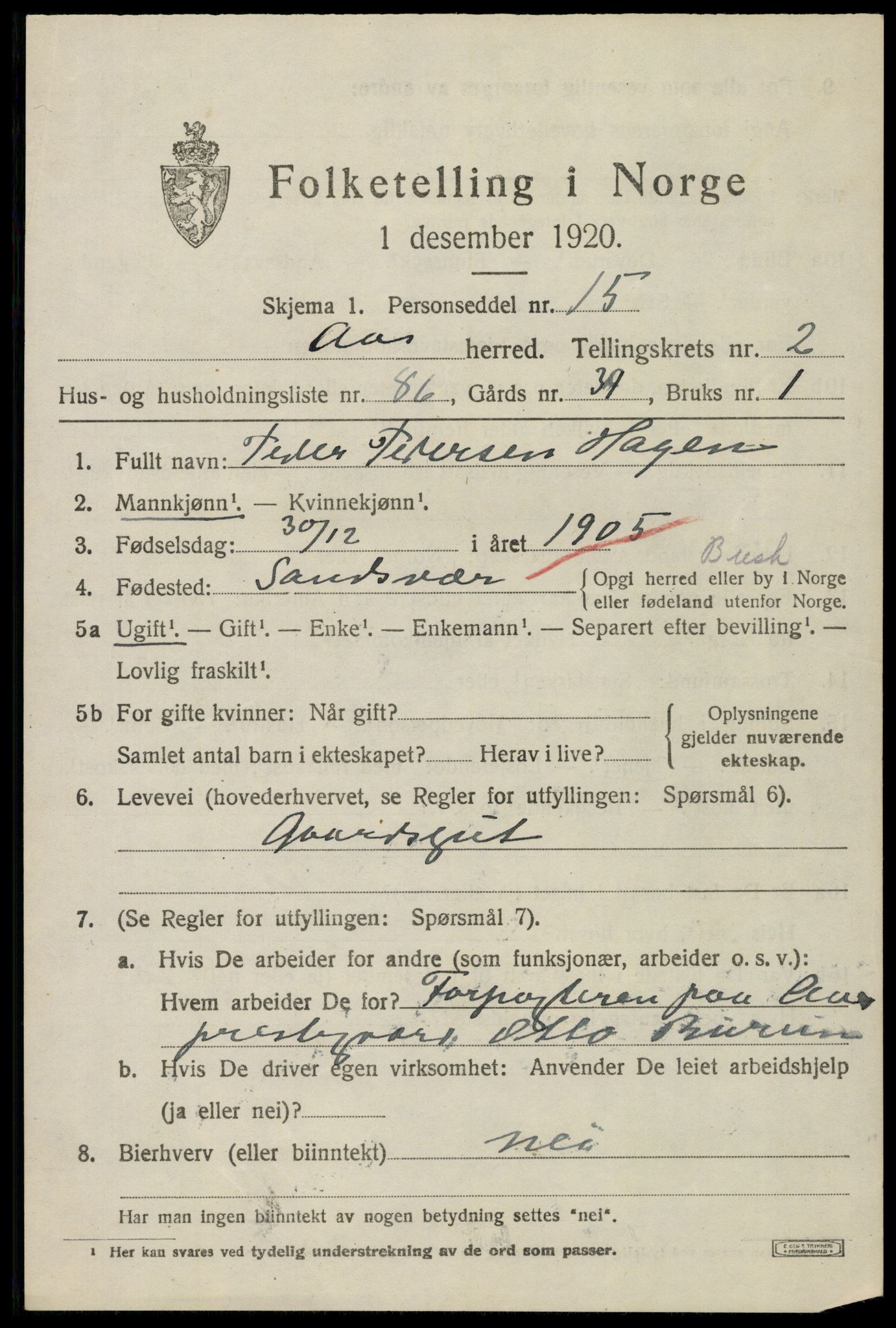 SAO, 1920 census for Ås, 1920, p. 3674