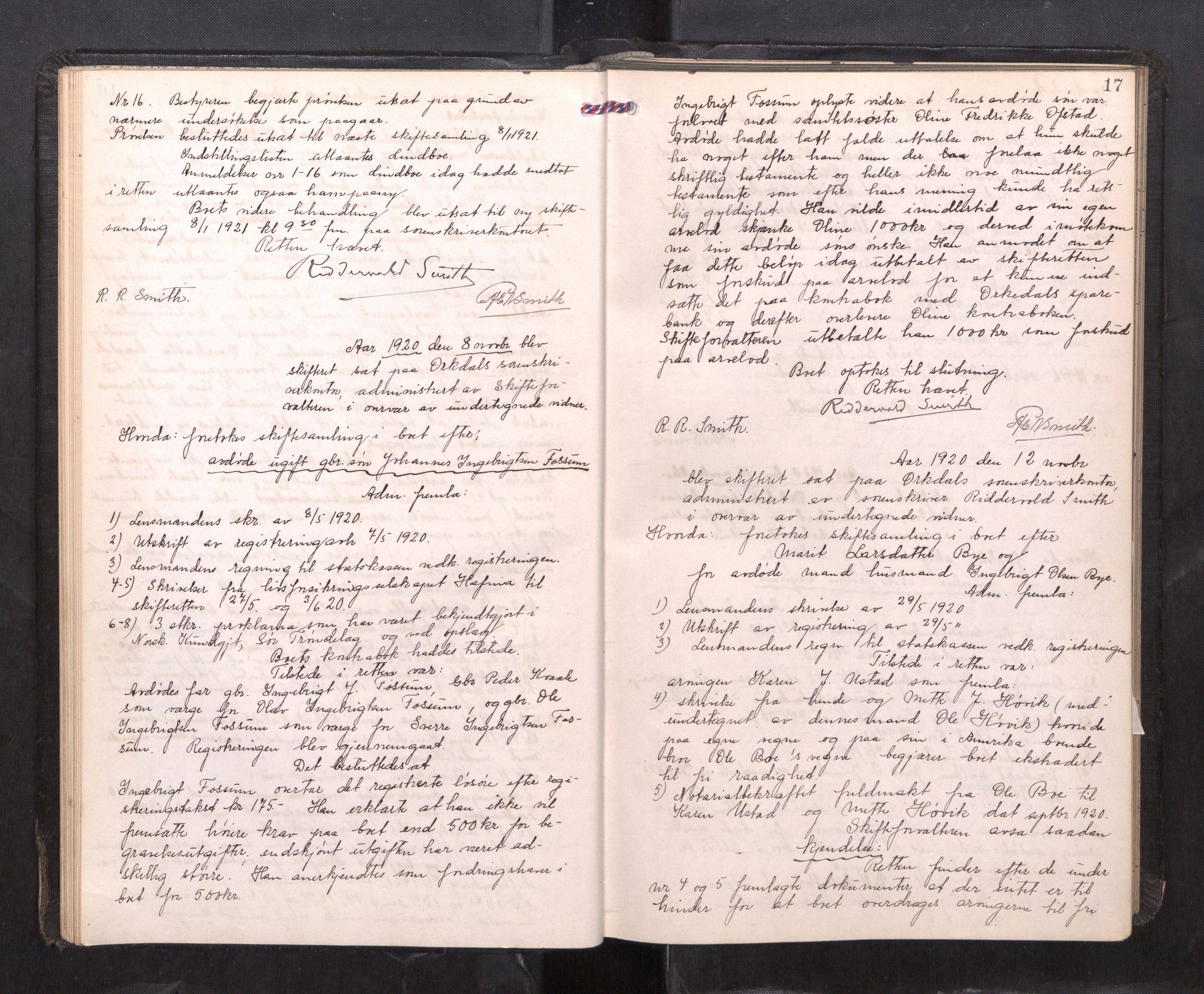 Orkdal sorenskriveri, AV/SAT-A-4169/1/3/3B/L0015: Skiftebehandlingsprotokoll, 1919-1927, p. 16b-17a