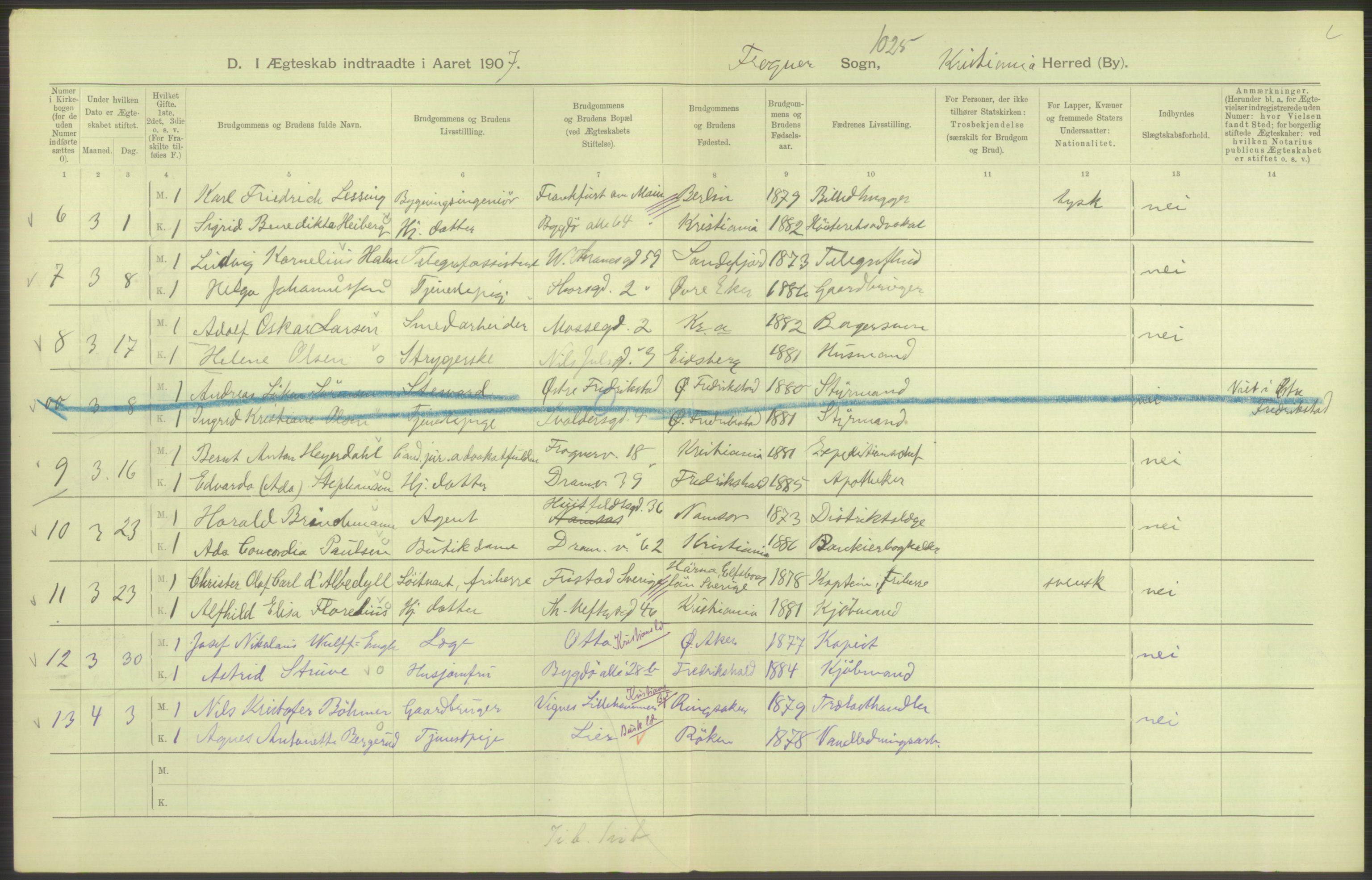 Statistisk sentralbyrå, Sosiodemografiske emner, Befolkning, AV/RA-S-2228/D/Df/Dfa/Dfae/L0008: Kristiania: Gifte, 1907, p. 552