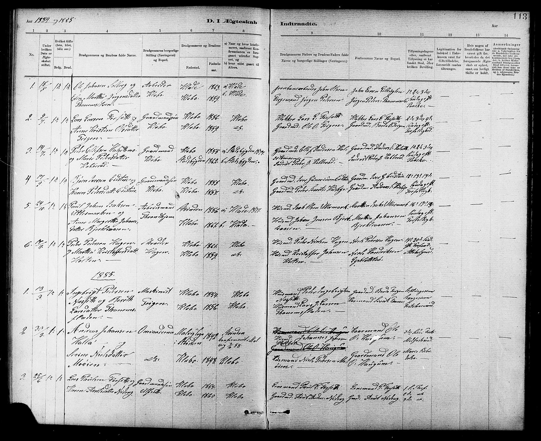 Ministerialprotokoller, klokkerbøker og fødselsregistre - Sør-Trøndelag, SAT/A-1456/618/L0452: Parish register (copy) no. 618C03, 1884-1906, p. 113