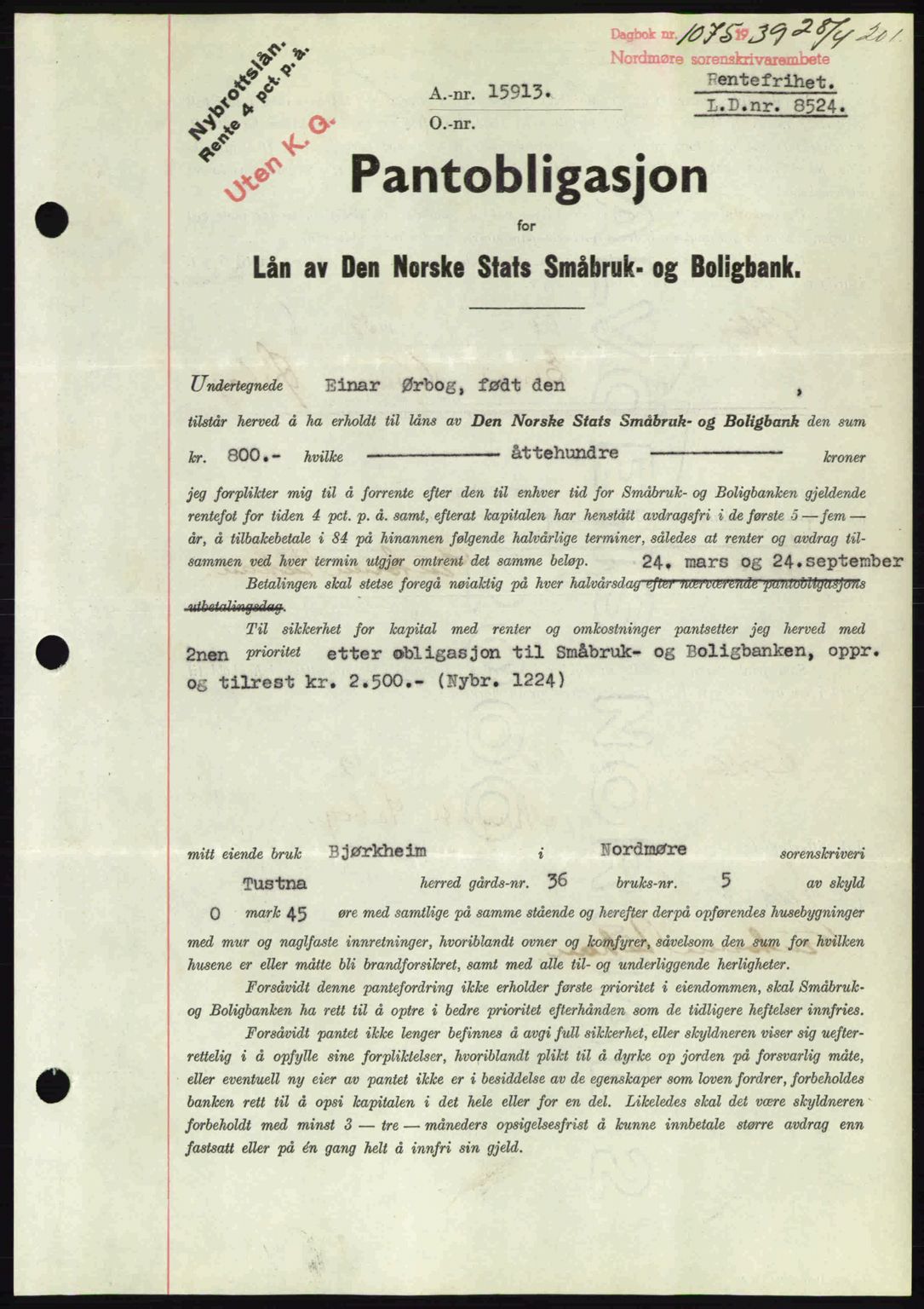 Nordmøre sorenskriveri, AV/SAT-A-4132/1/2/2Ca: Mortgage book no. B85, 1939-1939, Diary no: : 1075/1939