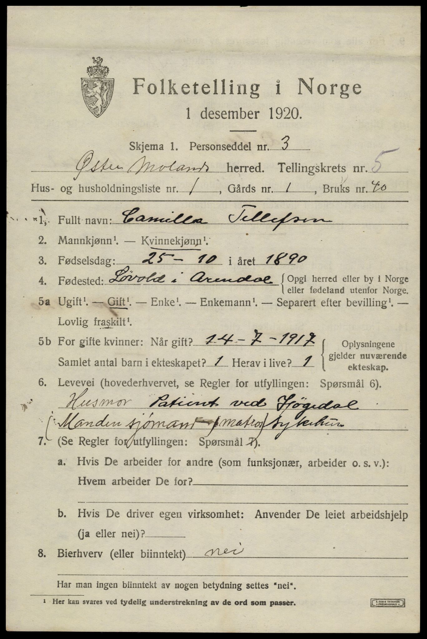 SAK, 1920 census for Austre Moland, 1920, p. 2697