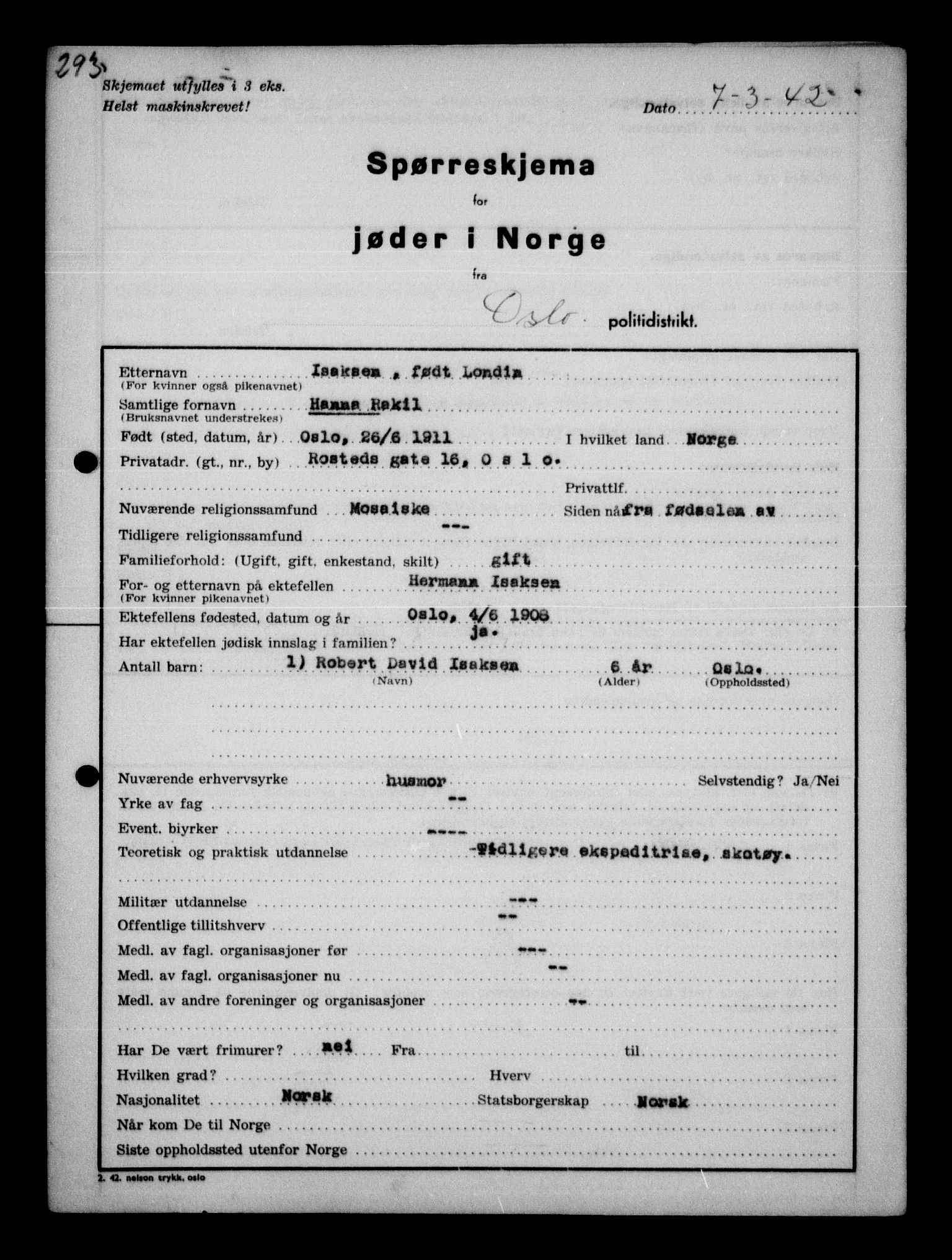 Statspolitiet - Hovedkontoret / Osloavdelingen, AV/RA-S-1329/G/Ga/L0010: Spørreskjema for jøder i Norge, Oslo Hansen-Pintzow, 1942, p. 93