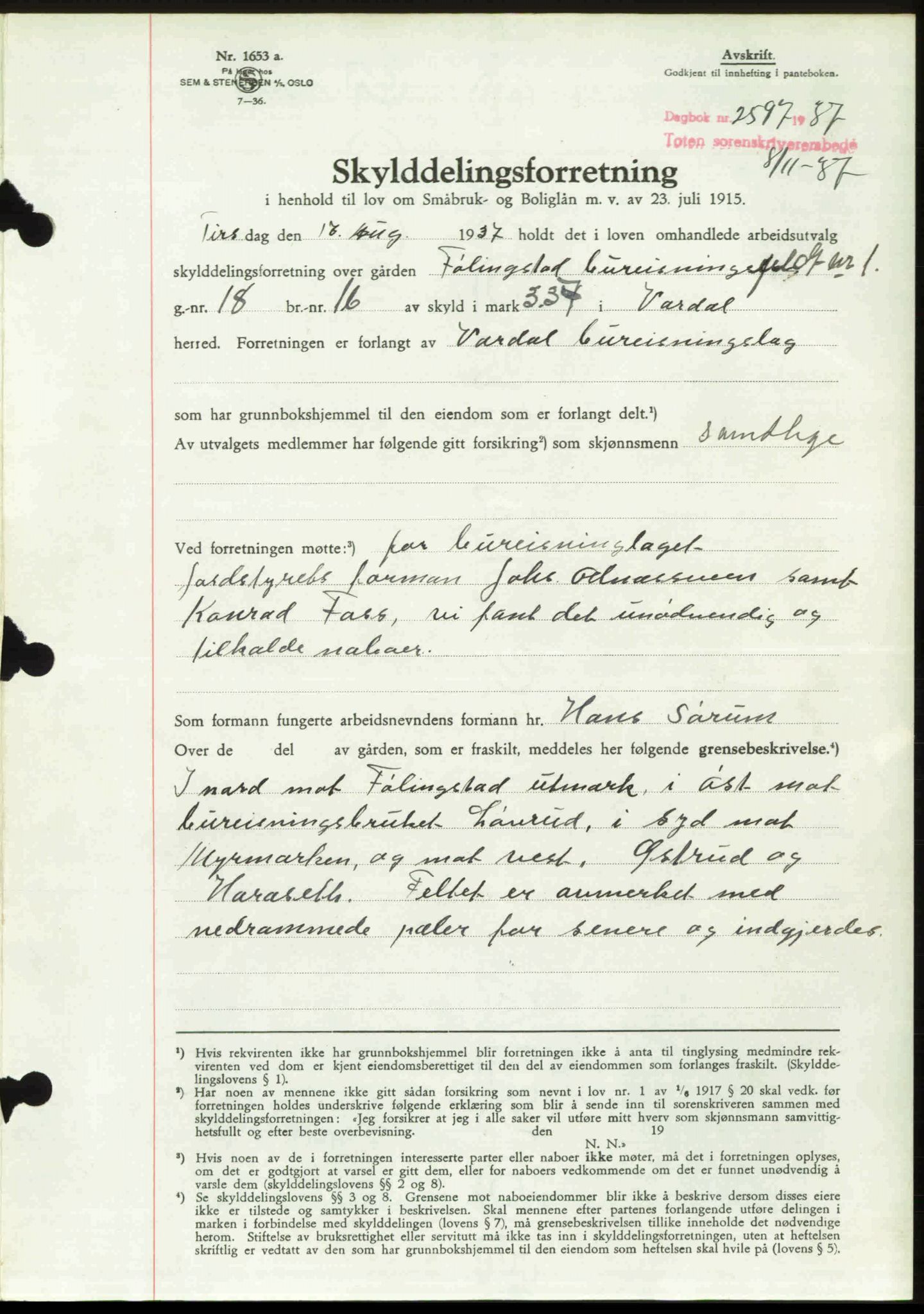 Toten tingrett, SAH/TING-006/H/Hb/Hbc/L0003: Mortgage book no. Hbc-03, 1937-1938, Diary no: : 2597/1937