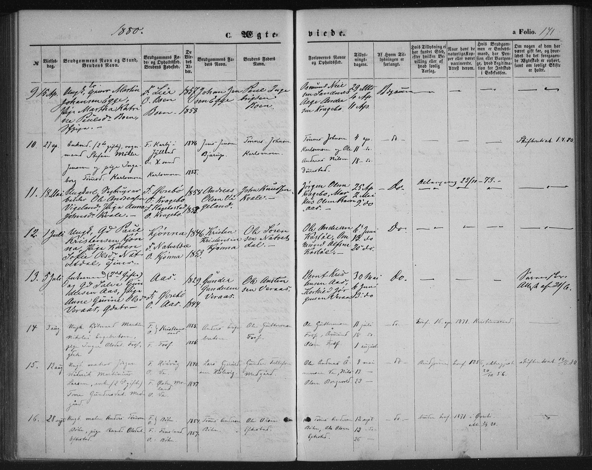 Tveit sokneprestkontor, AV/SAK-1111-0043/F/Fa/L0006: Parish register (official) no. A 6, 1872-1886, p. 171