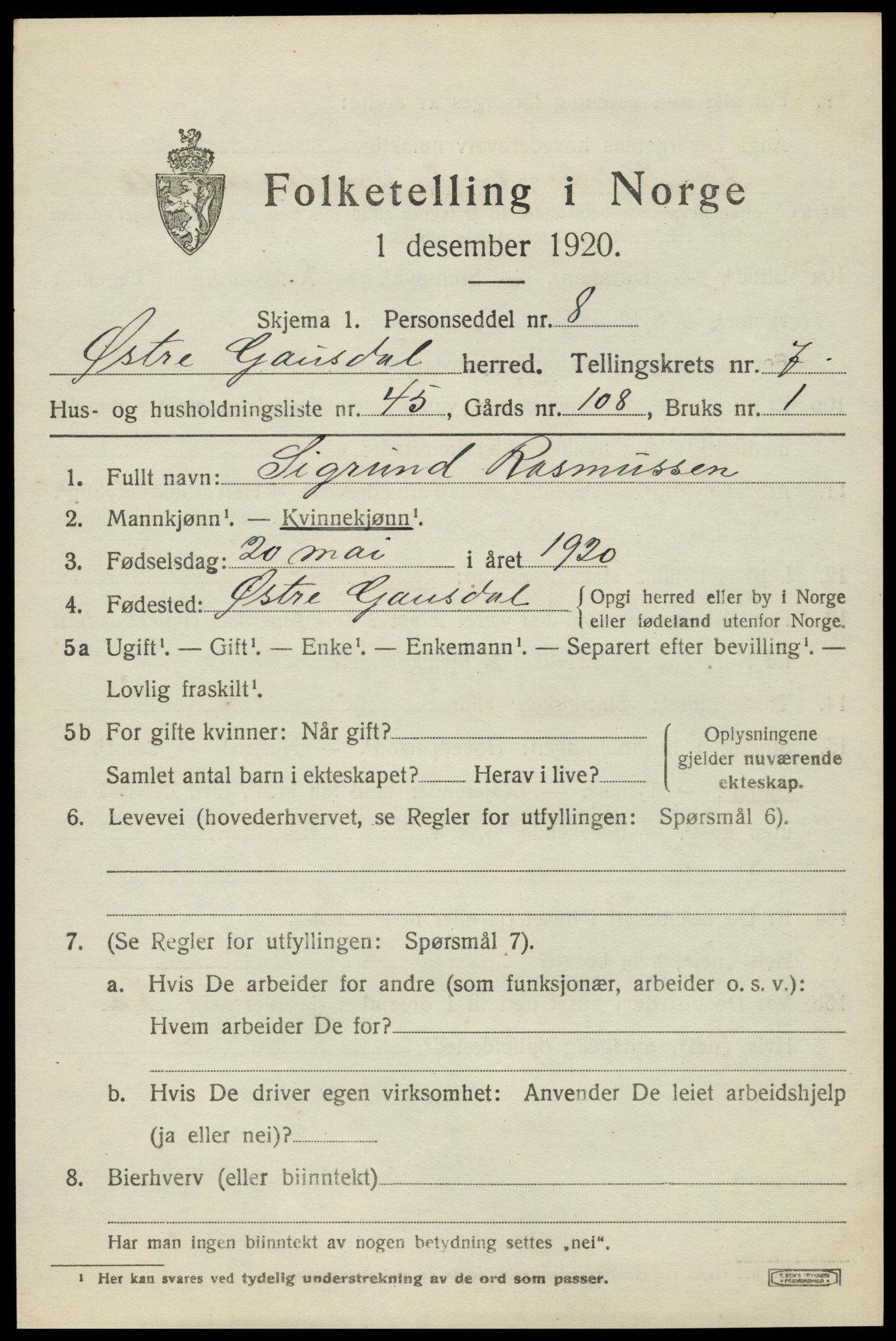 SAH, 1920 census for Østre Gausdal, 1920, p. 4544