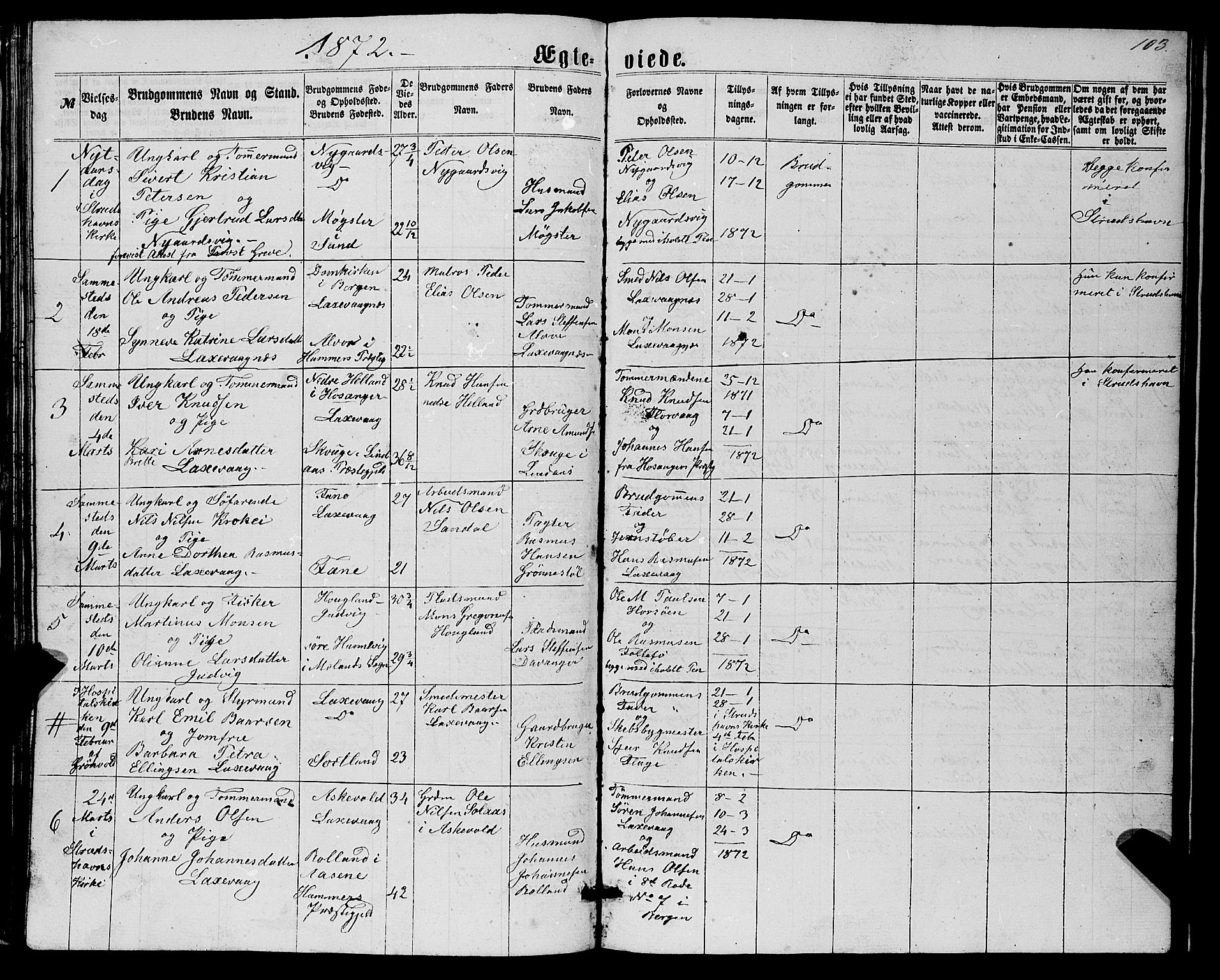 Askøy Sokneprestembete, AV/SAB-A-74101/H/Ha/Hab/Haba/L0006: Parish register (copy) no. A 6, 1861-1881, p. 103