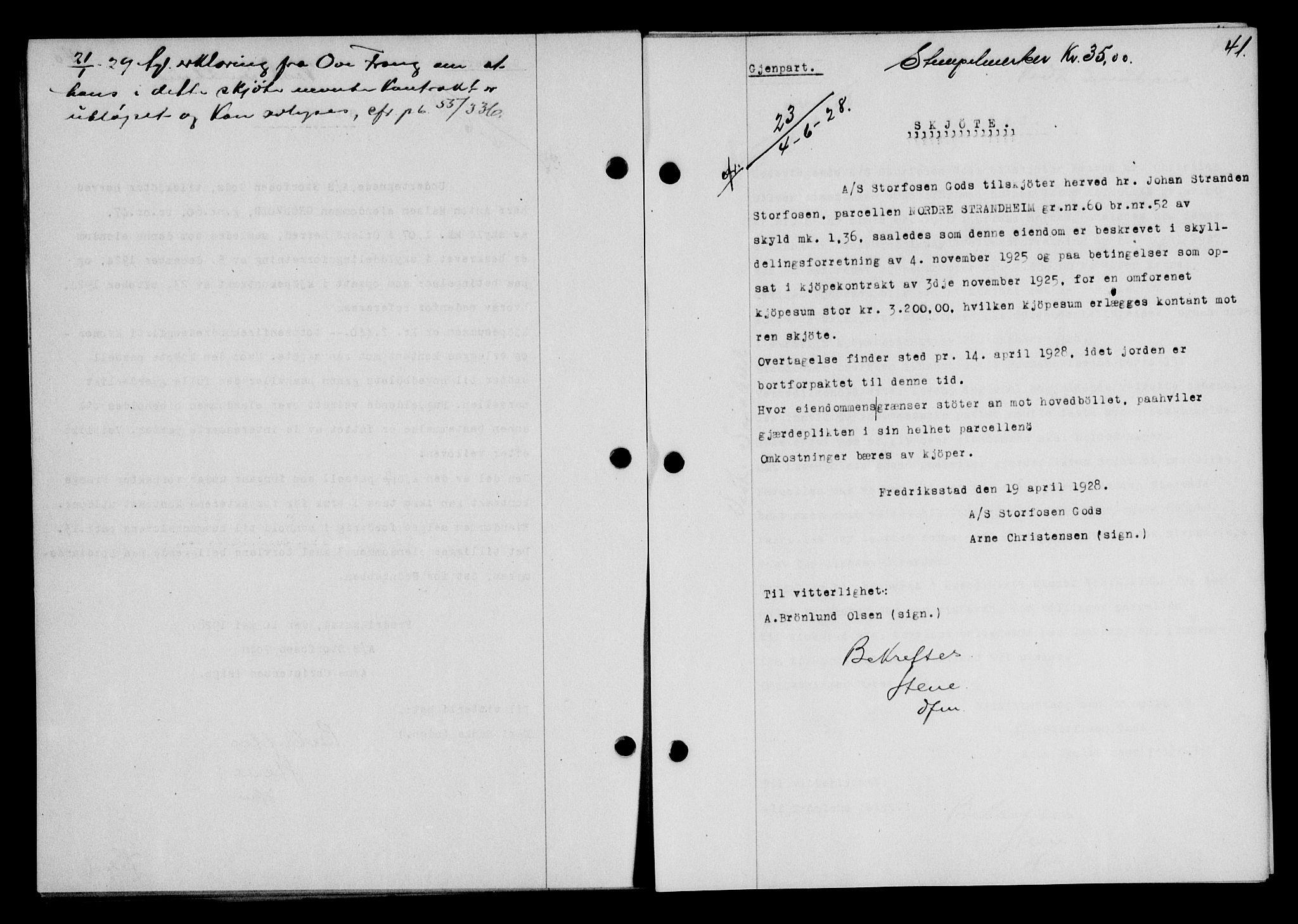 Fosen sorenskriveri, AV/SAT-A-1107/1/2/2C/L0067: Mortgage book no. 58, 1928-1929, p. 41, Deed date: 04.06.1928