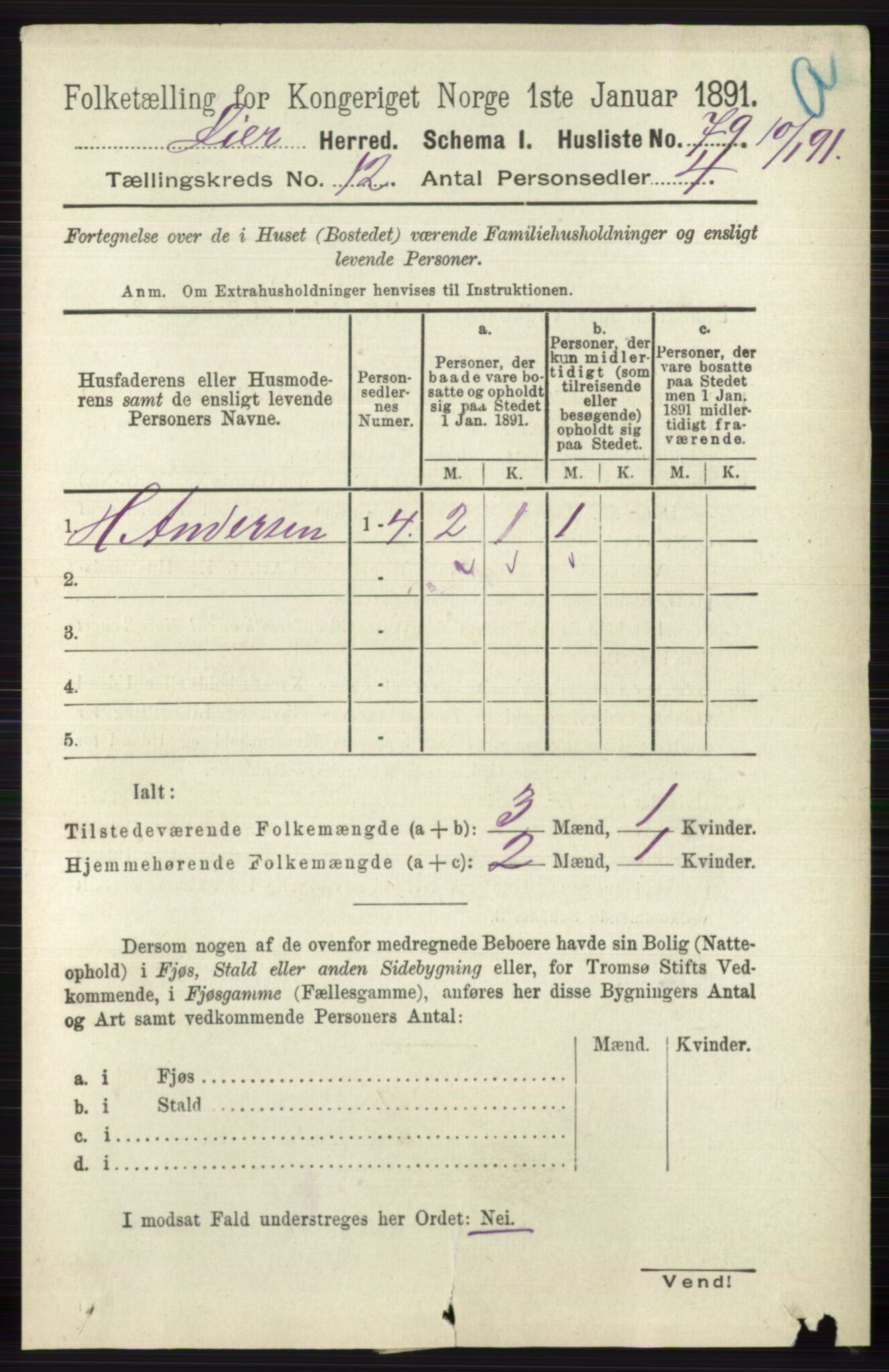 RA, 1891 census for 0626 Lier, 1891, p. 7360