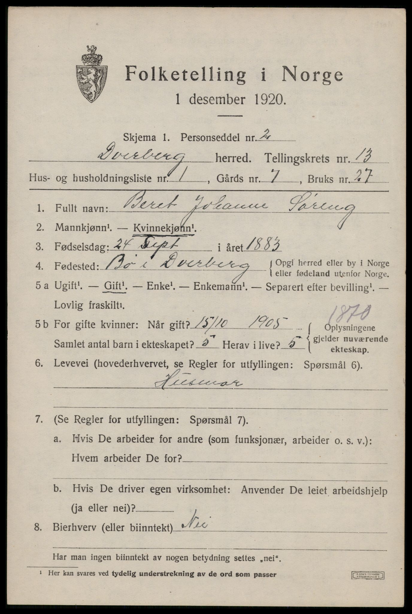 SAT, 1920 census for Dverberg, 1920, p. 9894