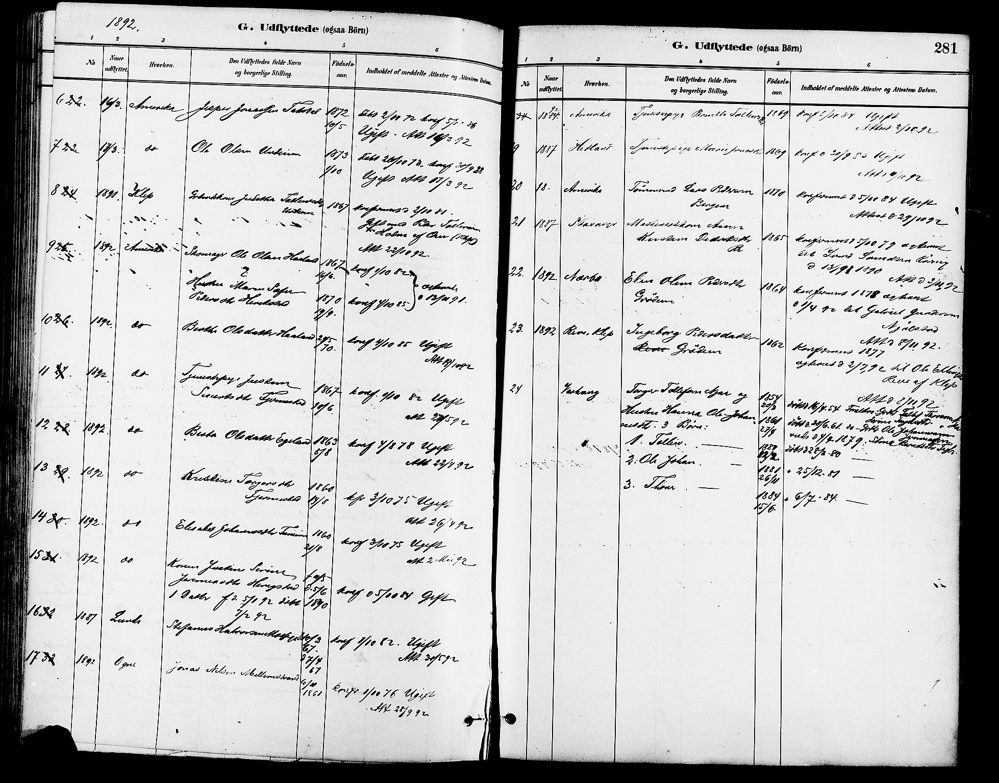 Lye sokneprestkontor, SAST/A-101794/001/30BA/L0009: Parish register (official) no. A 8, 1881-1892, p. 281