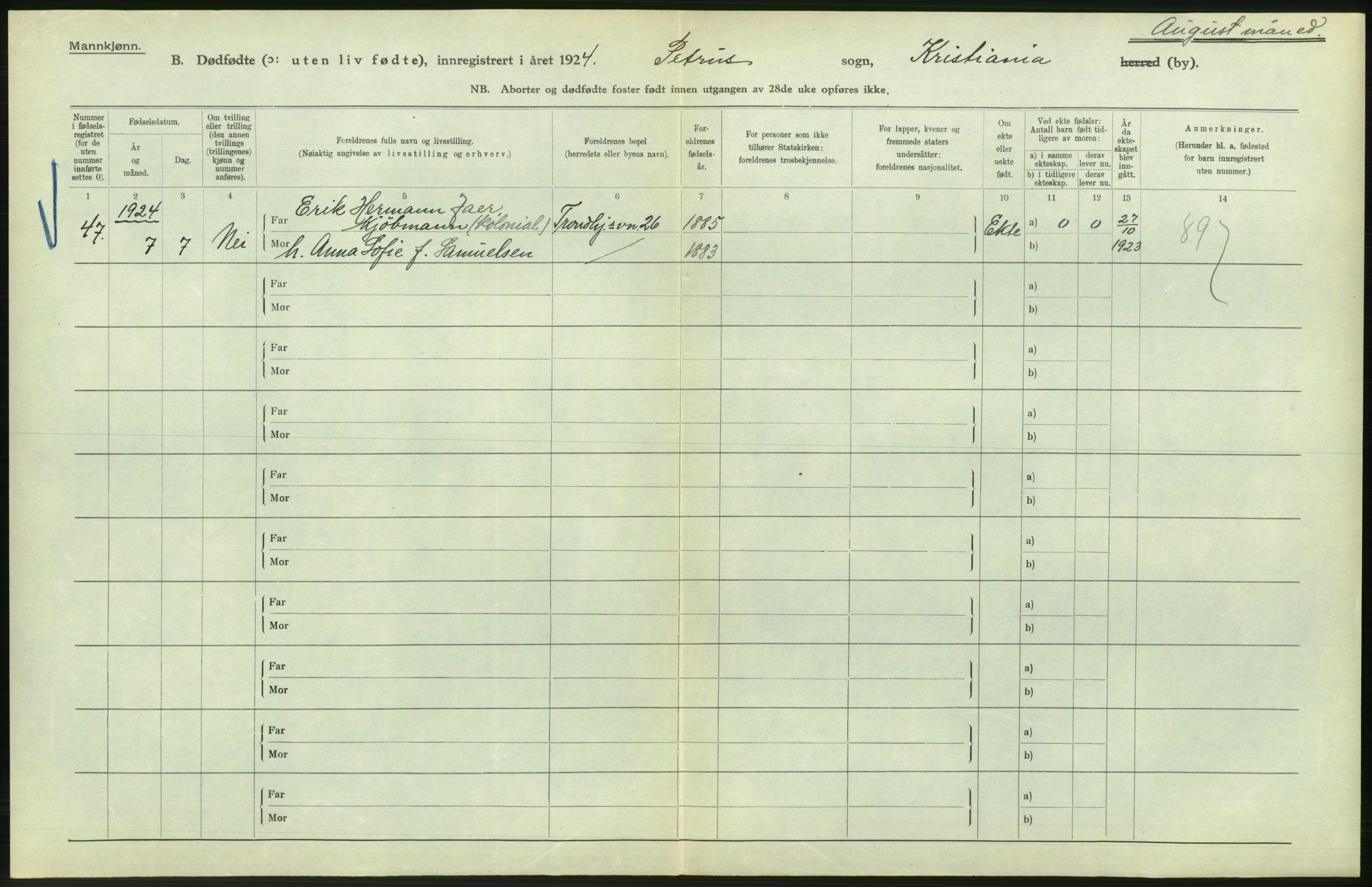 Statistisk sentralbyrå, Sosiodemografiske emner, Befolkning, AV/RA-S-2228/D/Df/Dfc/Dfcd/L0009: Kristiania: Døde kvinner, dødfødte, 1924, p. 634