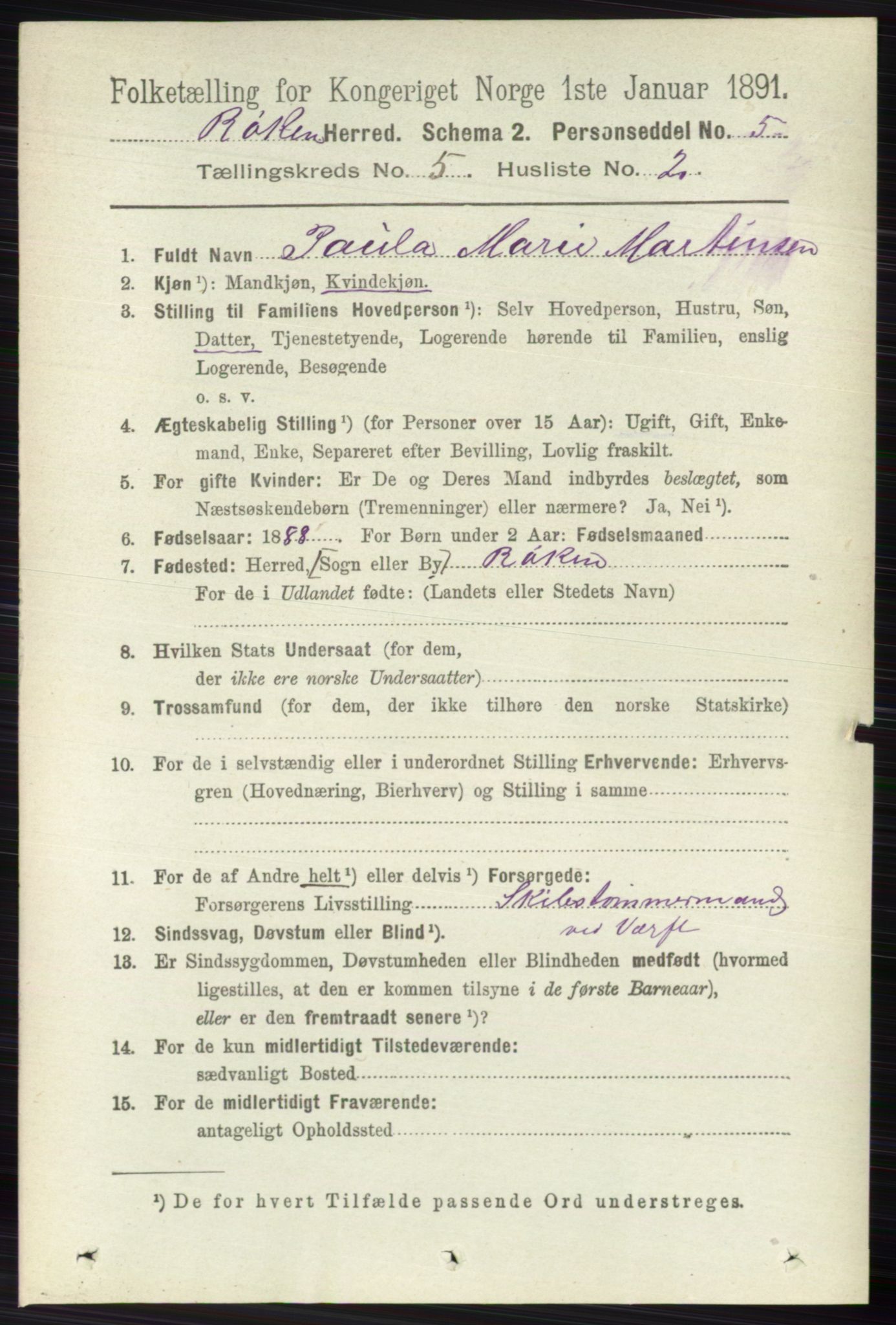 RA, 1891 census for 0627 Røyken, 1891, p. 2898