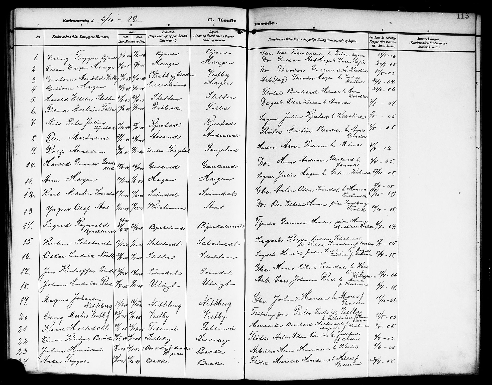 Fet prestekontor Kirkebøker, SAO/A-10370a/G/Ga/L0008: Parish register (copy) no. I 8, 1907-1920, p. 115